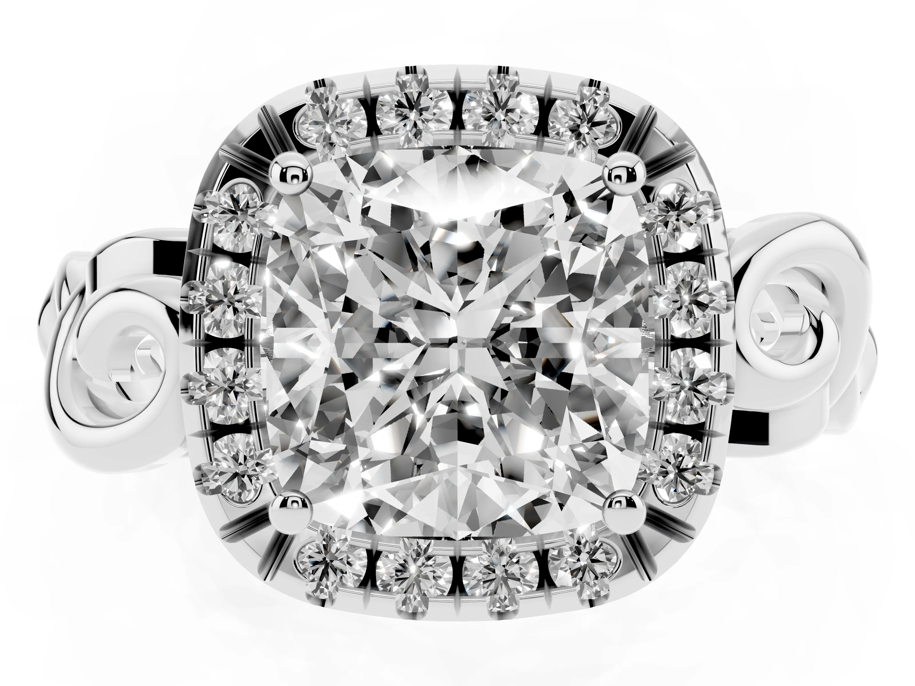 Cushion Cut Diamond Halo Ring Set in Platinum with Scrollwork Band and Prong Setting