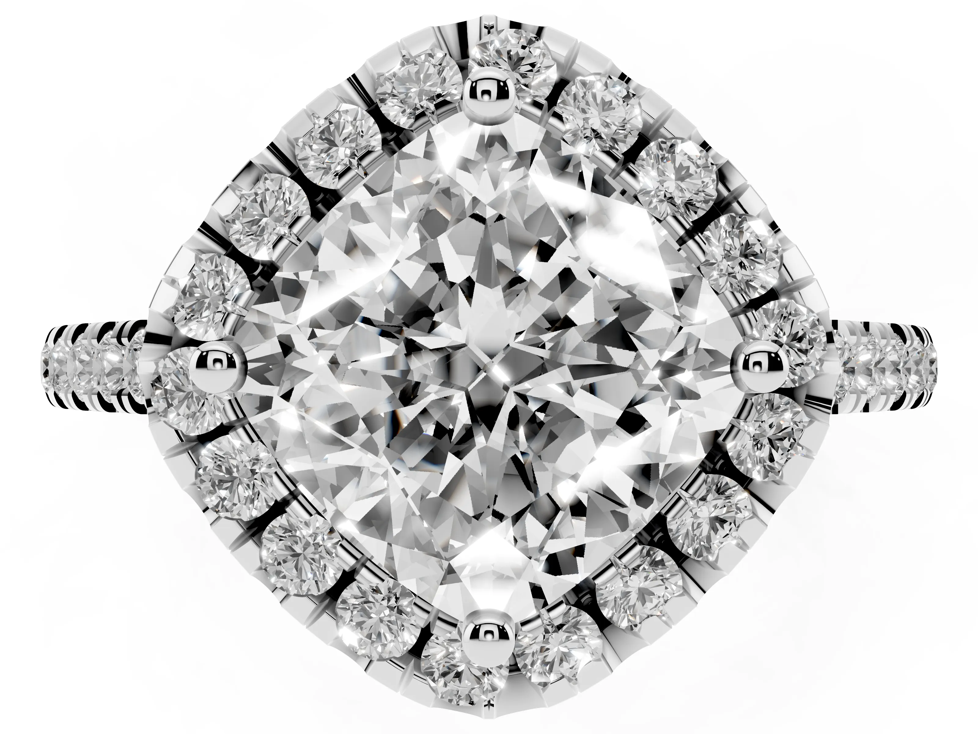 Cushion Cut Diamond Cushion Halo Ring Set in White gold with Pavé Band