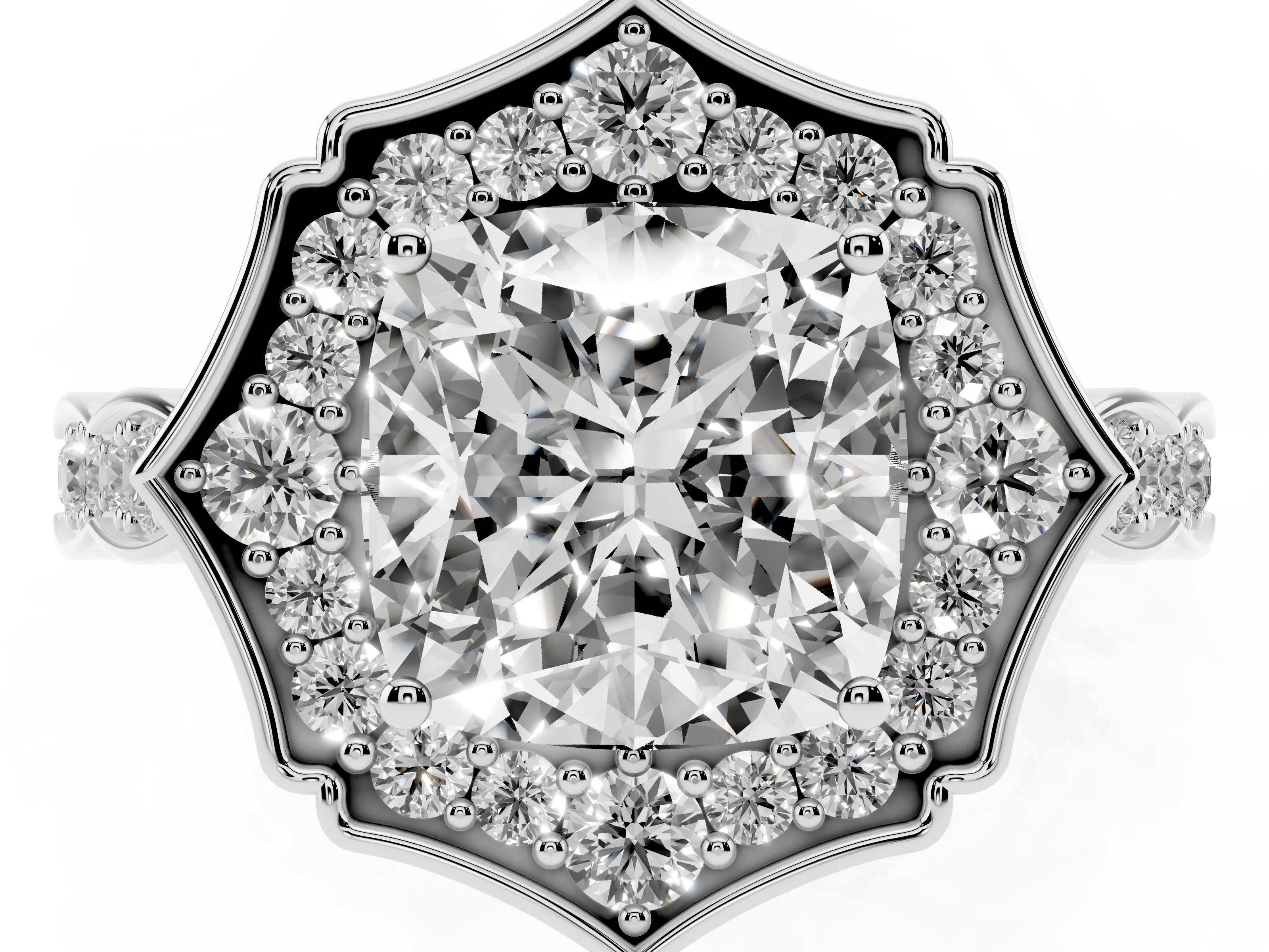 Cushion Cut Diamond Halo Engagement Ring Set in Platinum with Milgrain Band and Prong Setting