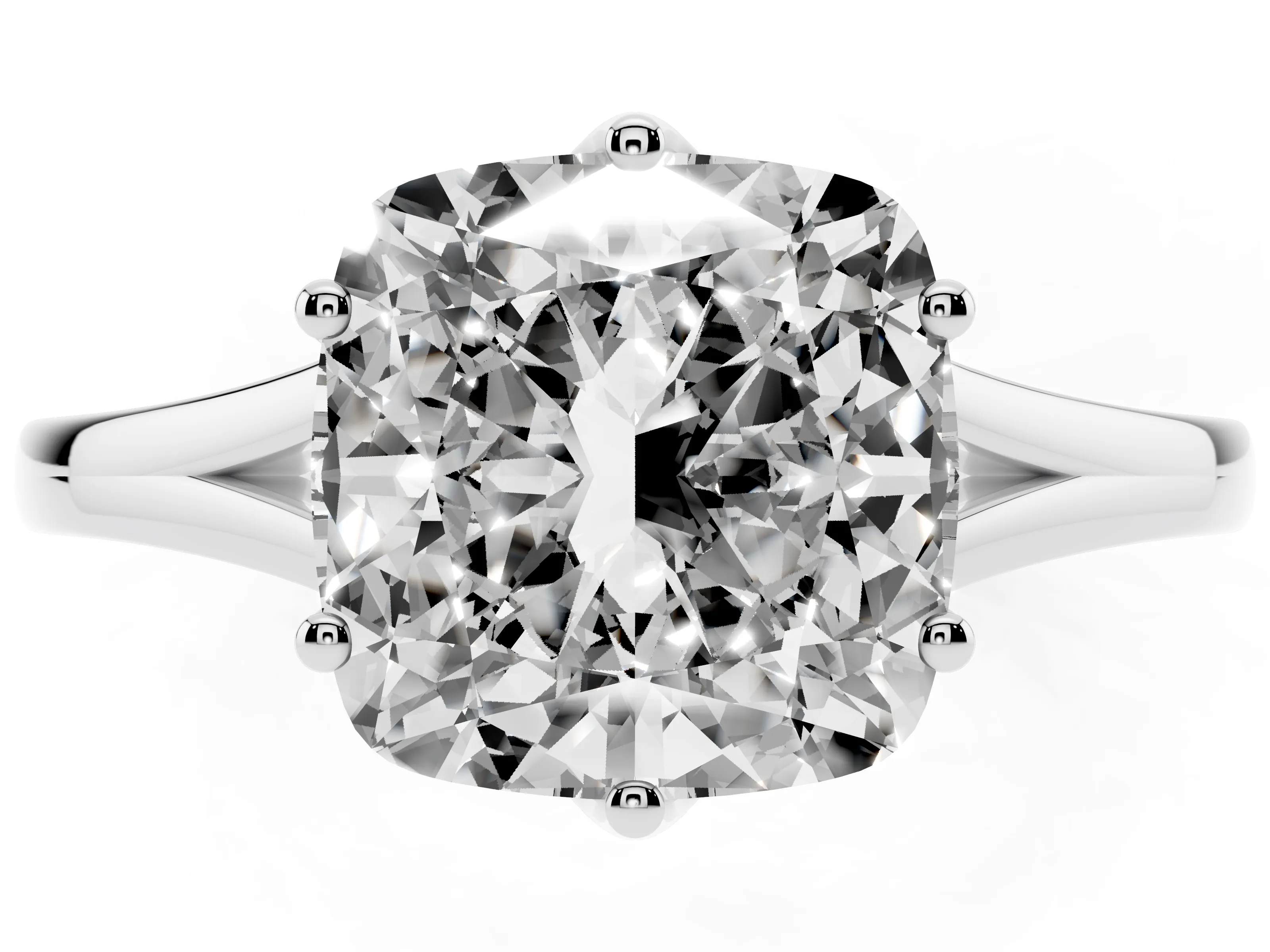 Cushion Cut Diamond Solitaire Ring Set in Silver with Polished Tapered Band and Prong Setting