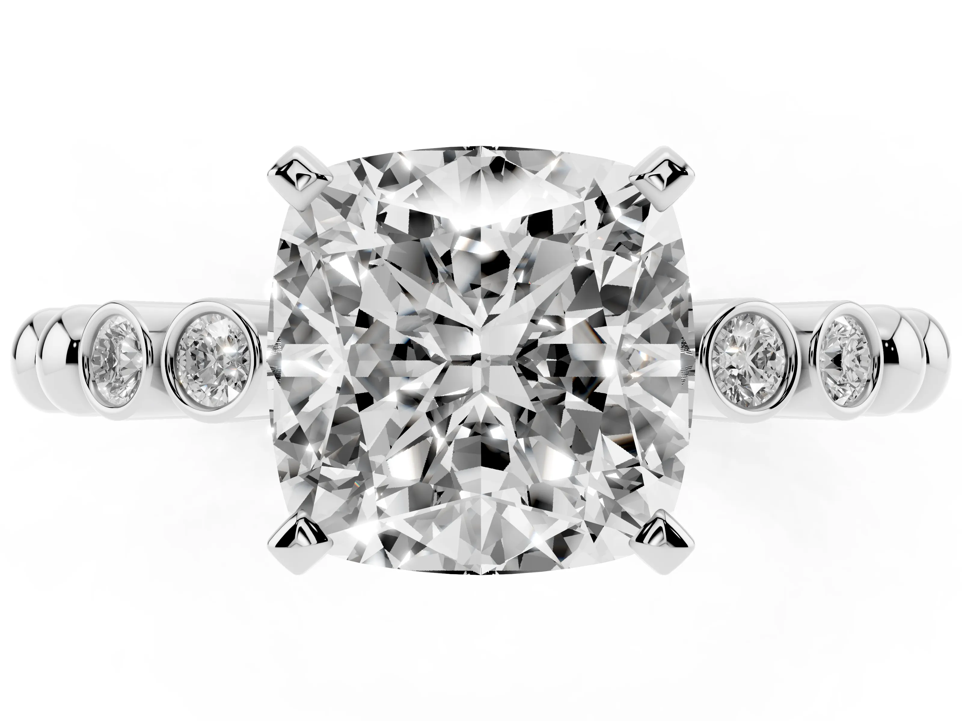 Cushion Cut Diamond Solitaire Engagement Ring Set in Silver with Bezel Accents on Beaded Band