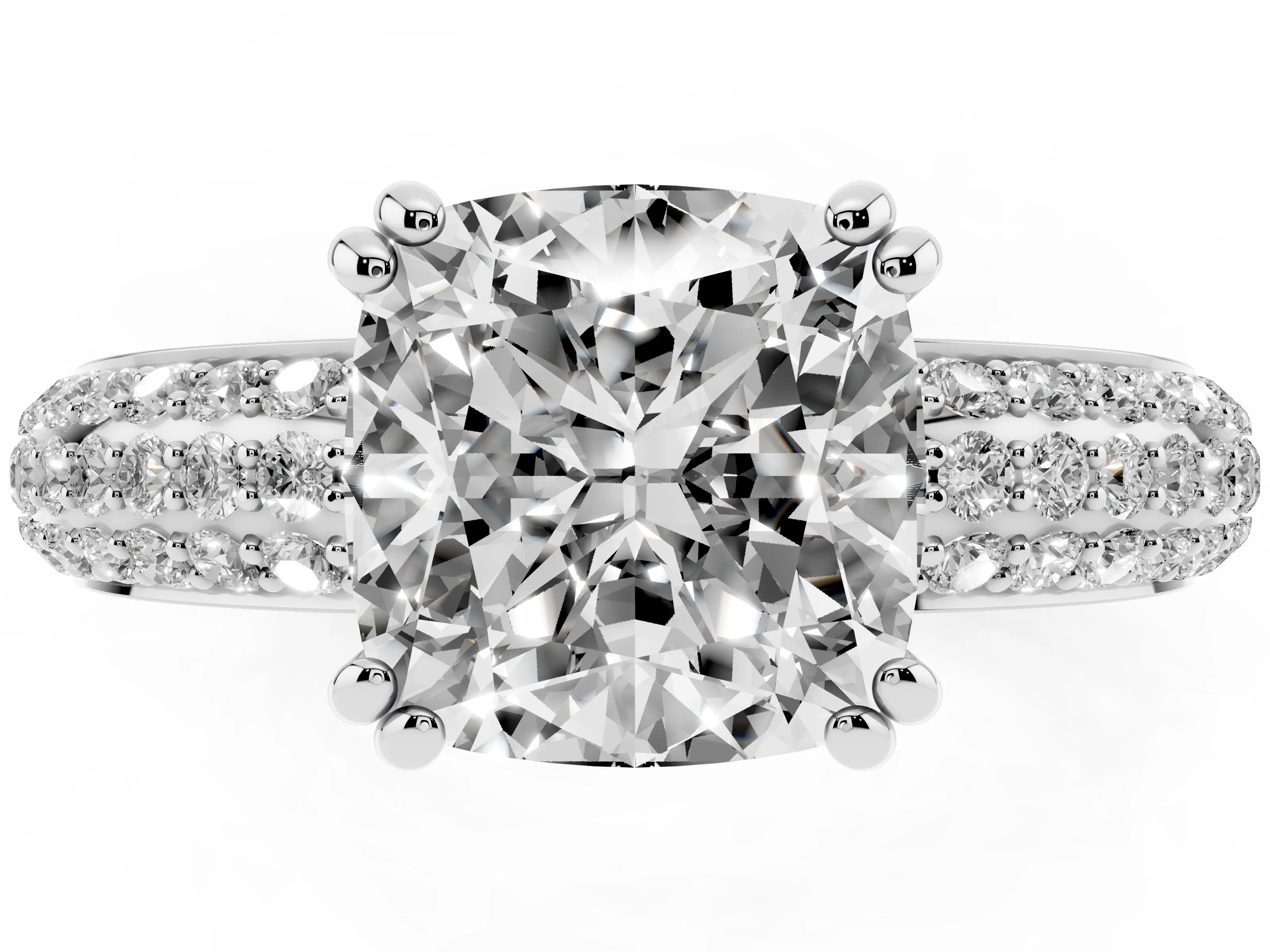 Cushion Cut Diamond Solitaire Ring Set in Silver with Multi-Row Round Pavé Band and Prong Setting