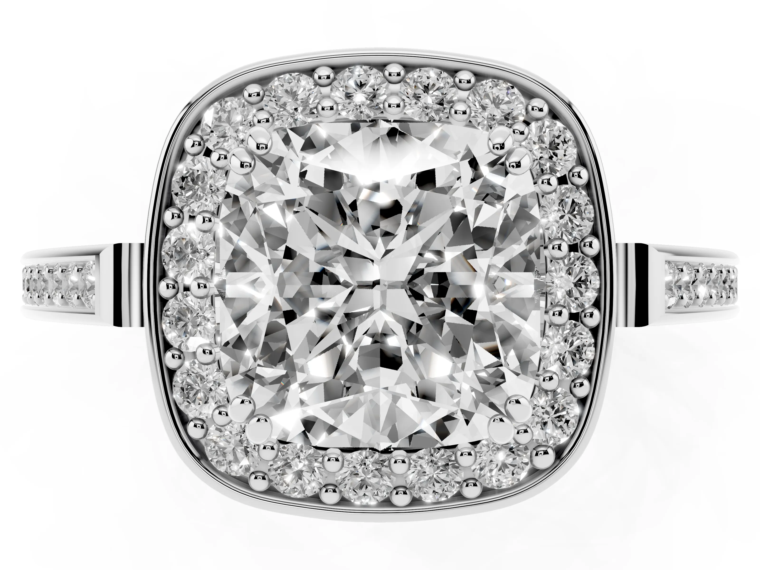 Cushion Cut Diamond Halo Ring Set in Platinum with Accent-Lined Split Shank and Prong Setting