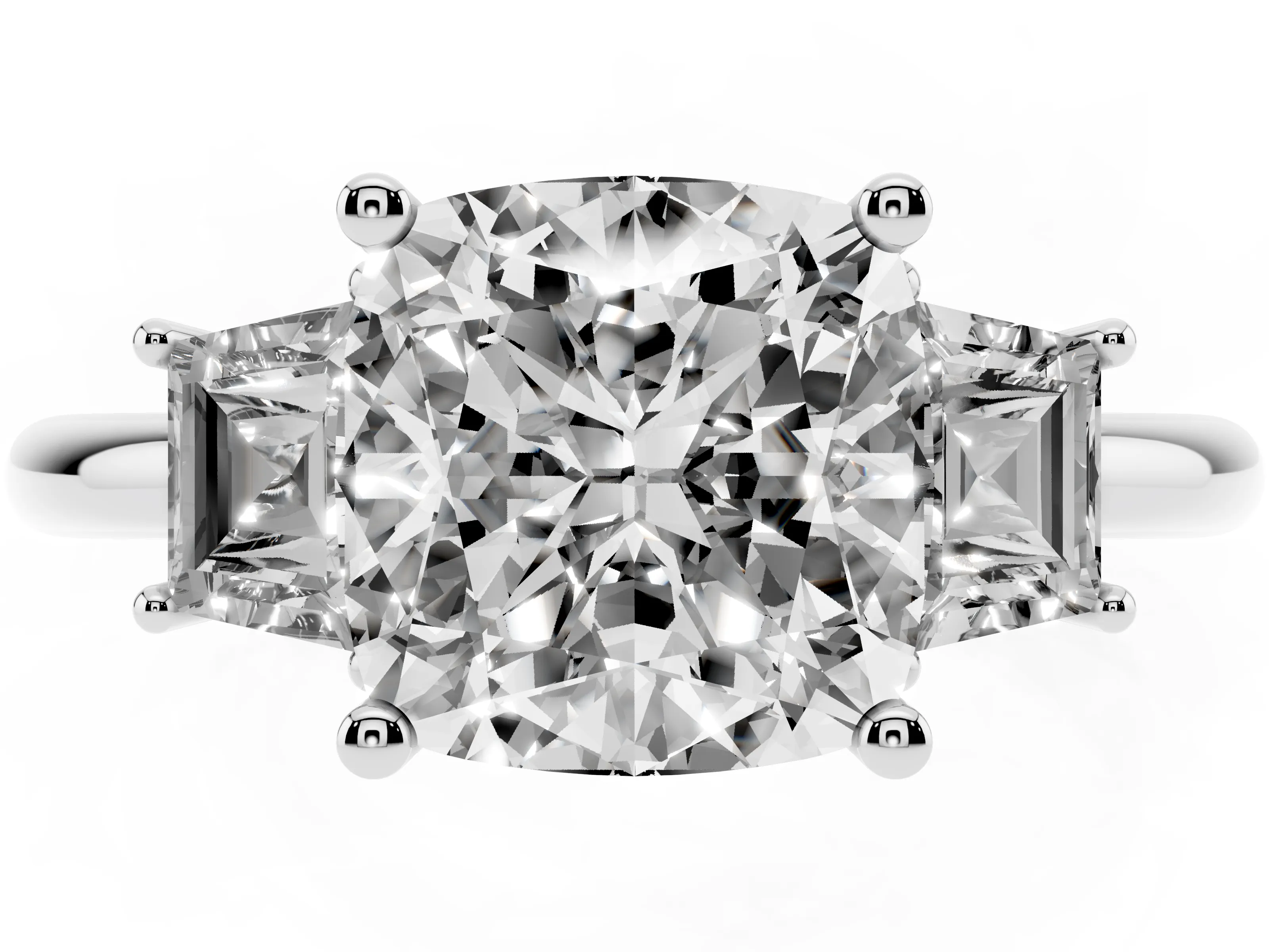 Cushion Cut Diamond Three-Stone Ring Set in Silver with Trapezoid Side Stones and Prong Setting
