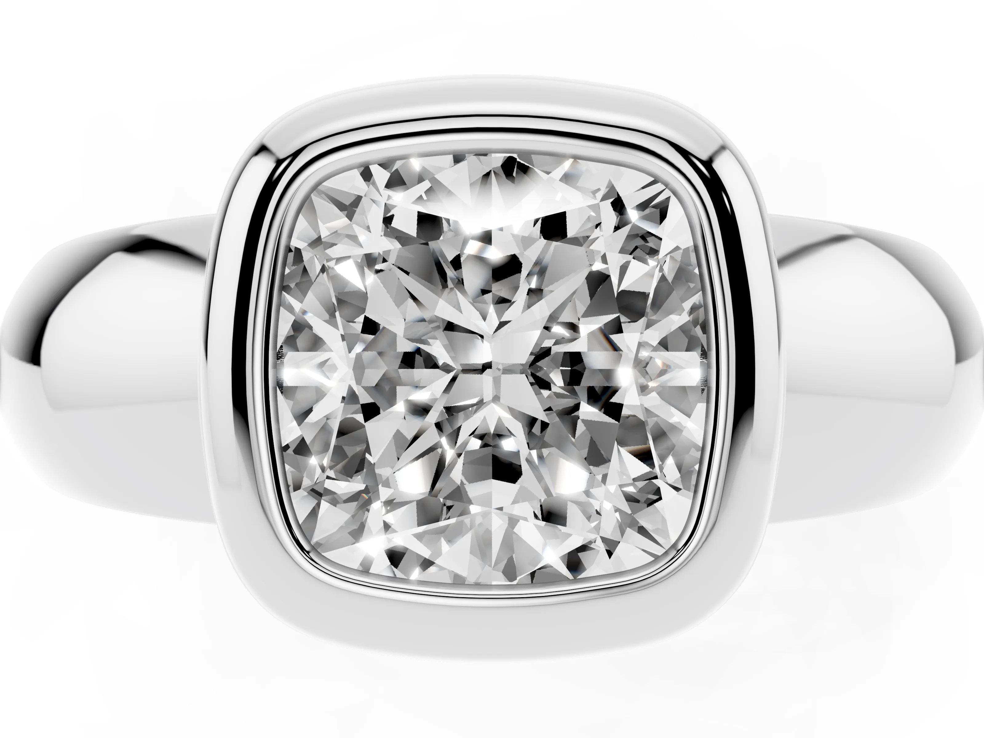 Bezel Set Cushion Cut Diamond Solitaire Ring Set in Platinum with Wide Band