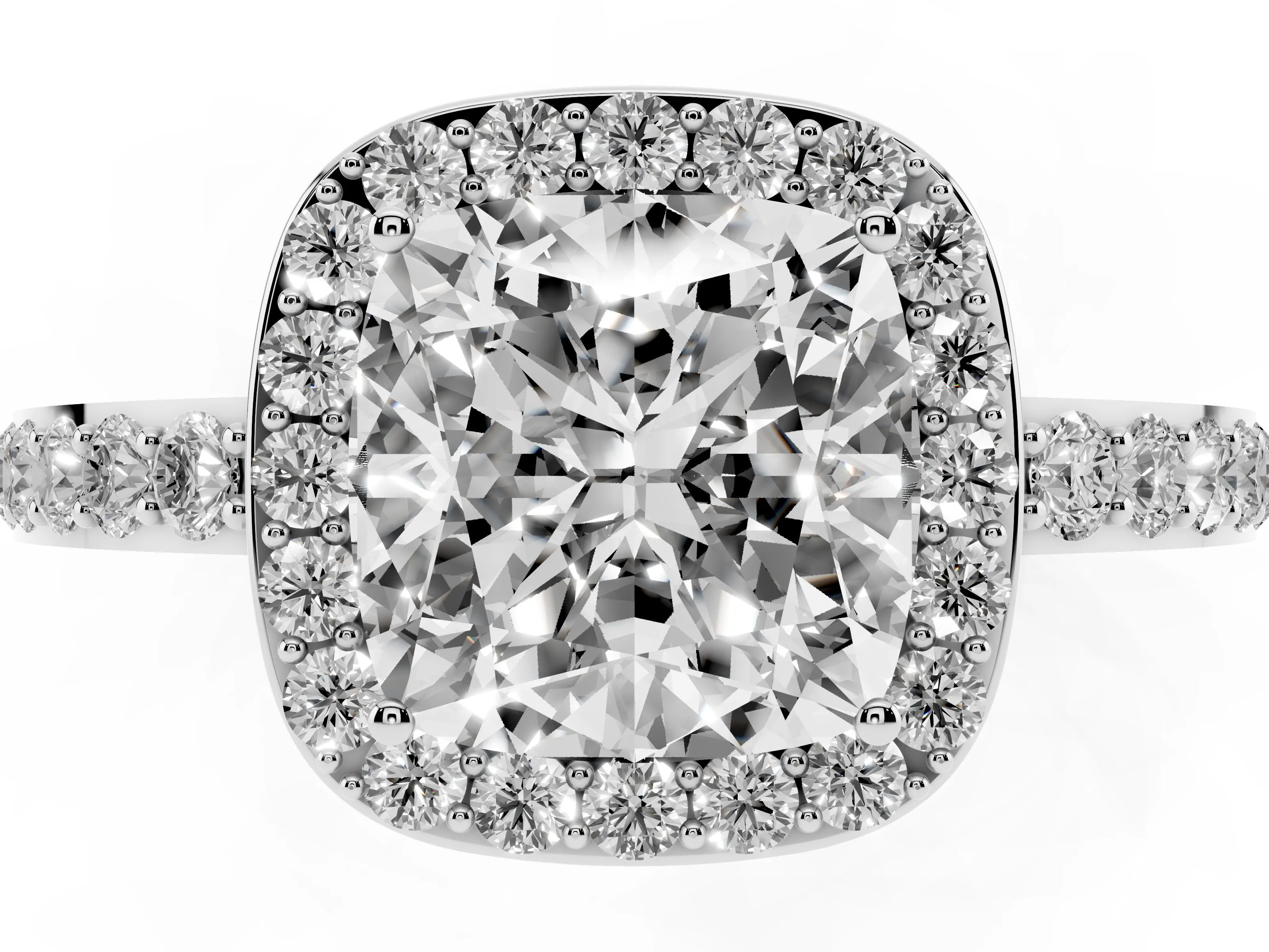 Cushion Cut Diamond Halo Ring Set in White gold with Pavé-Setting Band and Open Prong Center