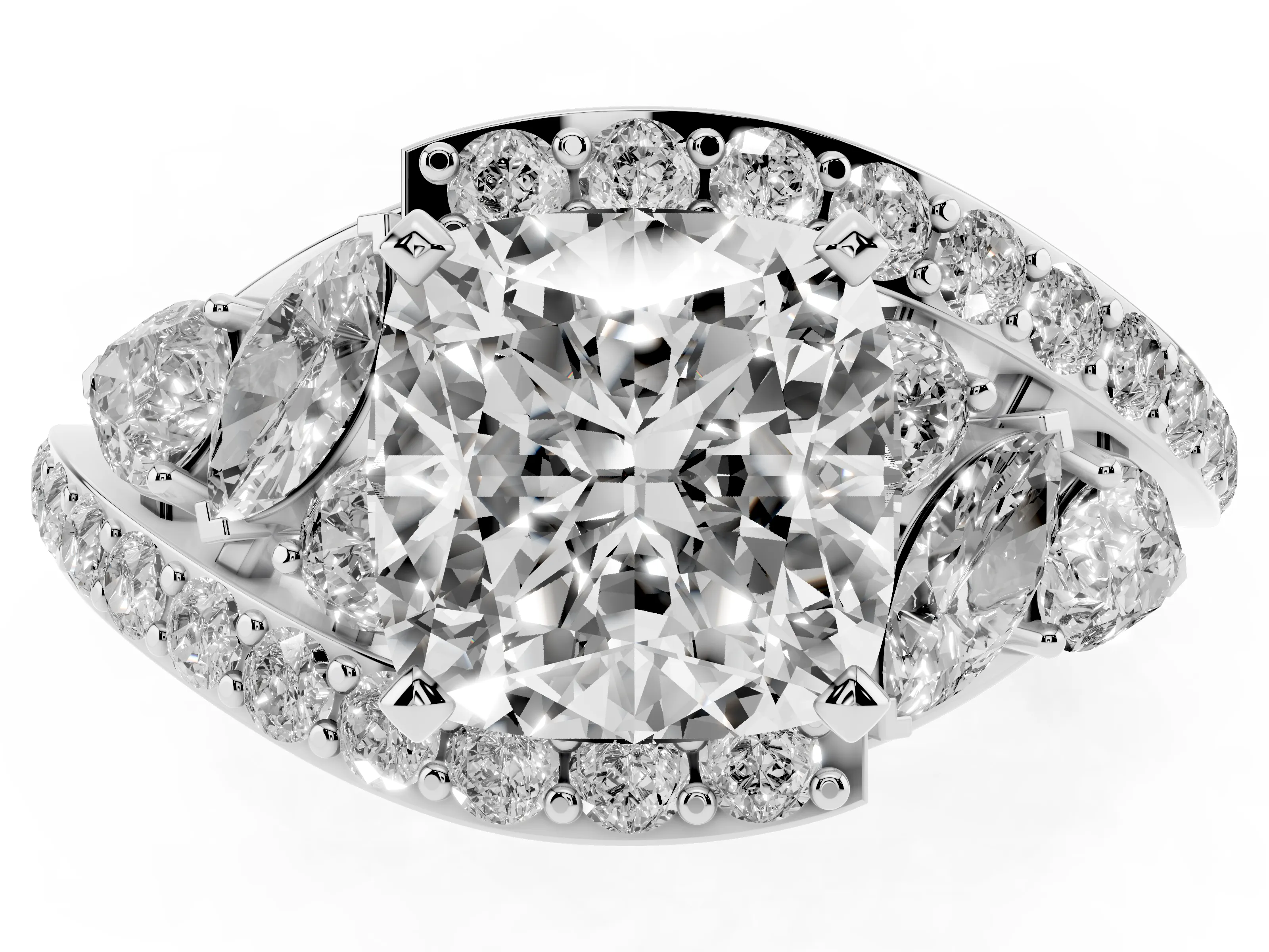 Cushion Cut Diamond Halo Ring Set in Platinum with Marquise and Pavé Band in Prong Setting