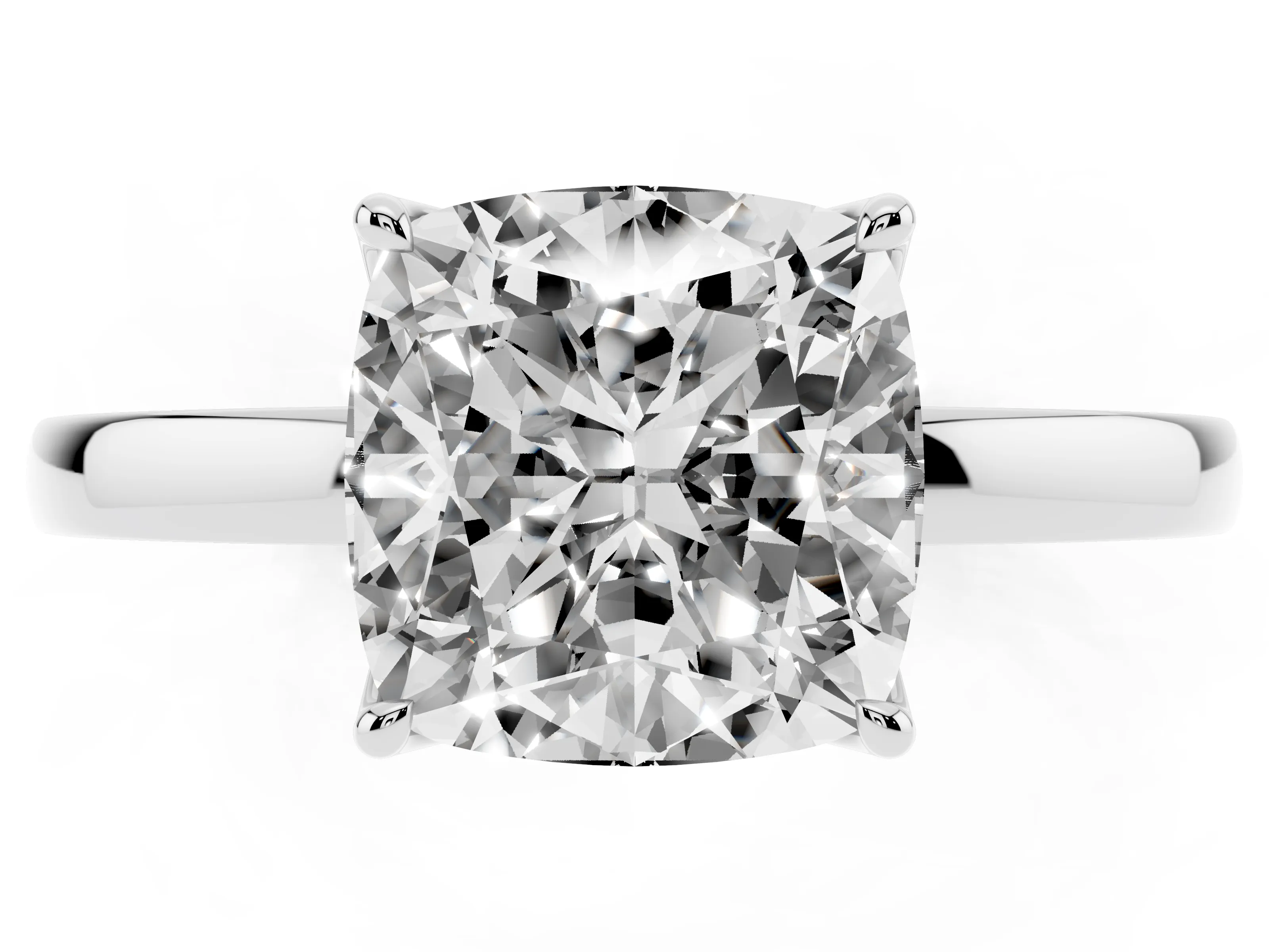 Cushion Cut Diamond Solitaire Ring Set in White gold with Prong Setting and Thin Polished Band