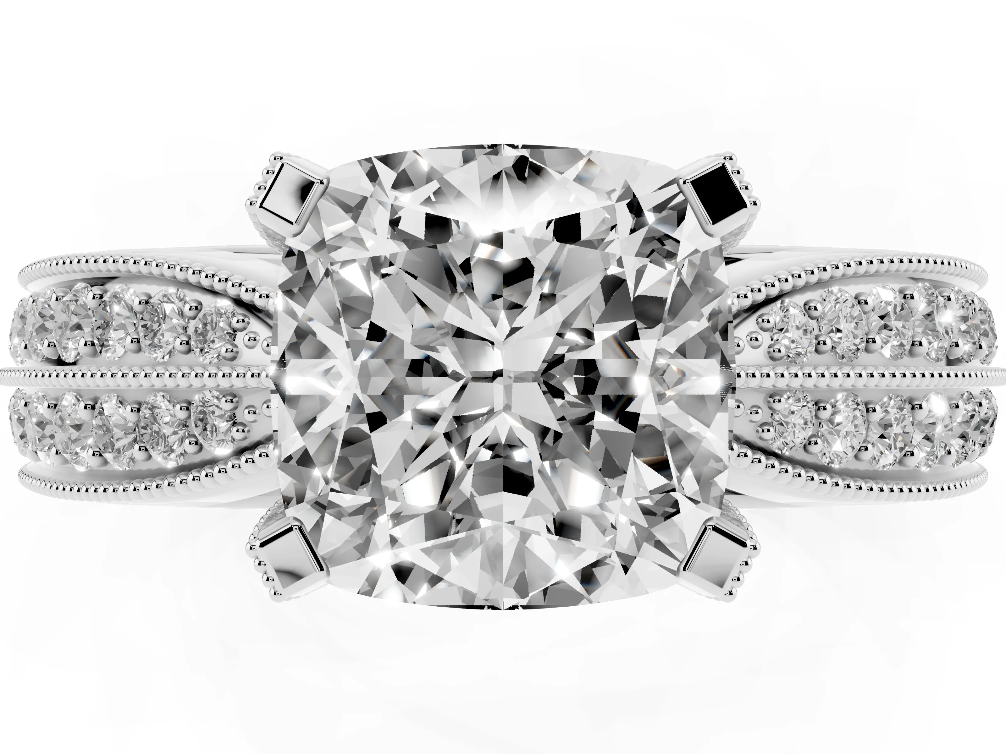 Cushion Cut Diamond Solitaire Ring Set in Silver with Milgrain Double Row Round Pavé Band