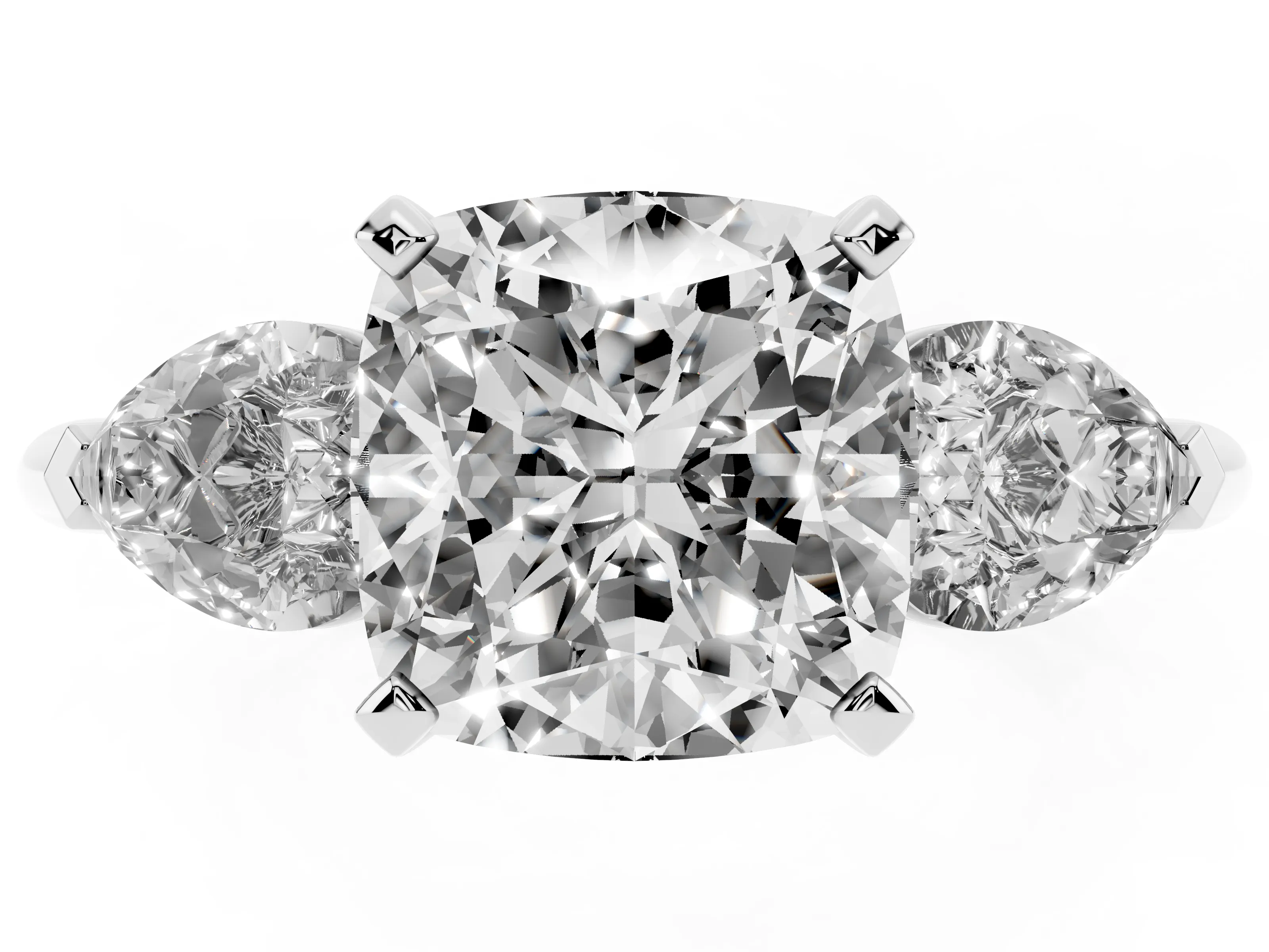 Three-Stone Cushion Cut Diamond Ring Set in Silver with Pear Side Stones and Prong Setting