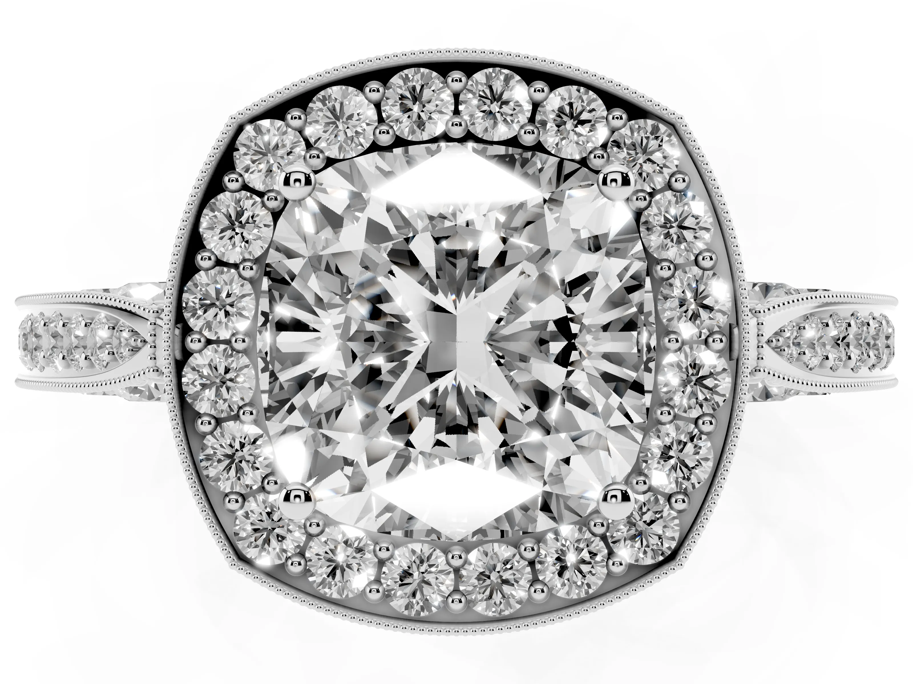 Cushion Cut Diamond Halo Engagement Ring Set in Silver with Accent Split Shank Band