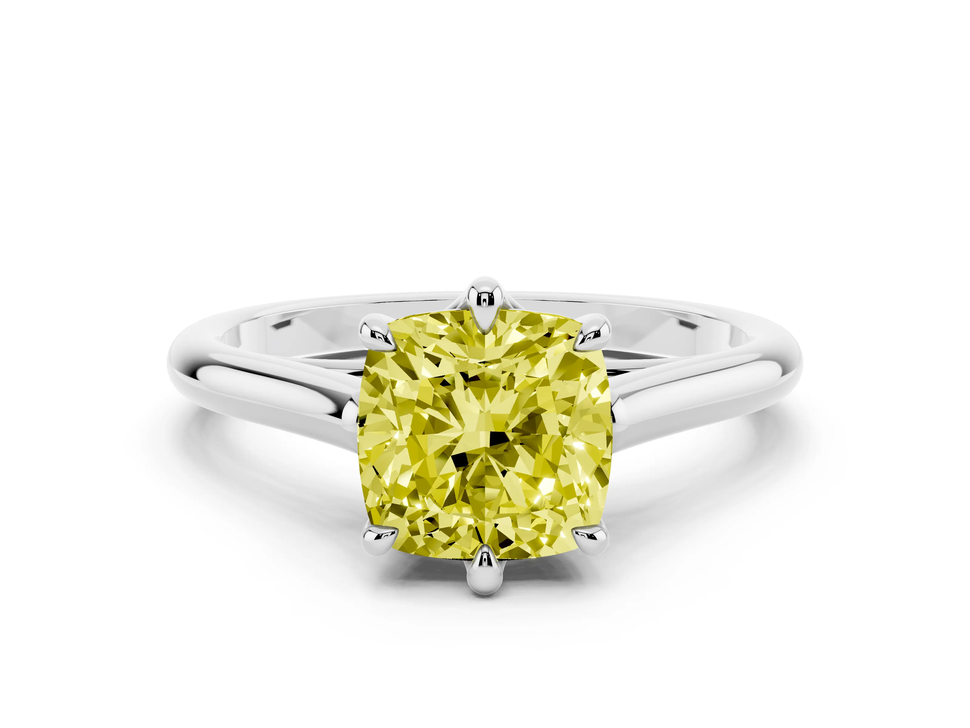 Fancy Yellow Cushion Cut Diamond Solitaire Engagement Ring Set in Platinum with Prong Setting and Plain Classic Band