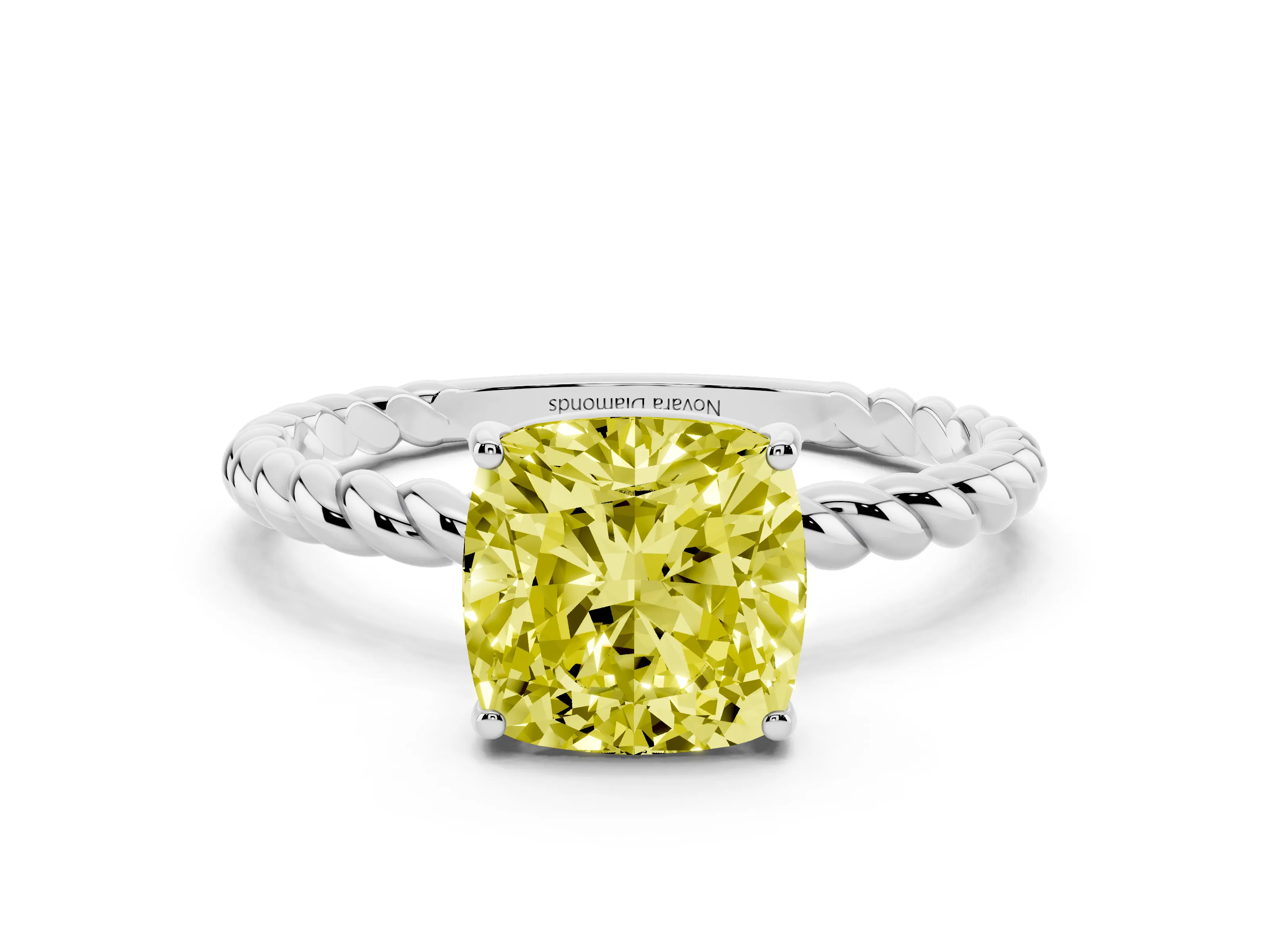 Fancy Yellow Cushion Cut Diamond Solitaire Ring Set in Platinum with Twist Band and Prong Setting