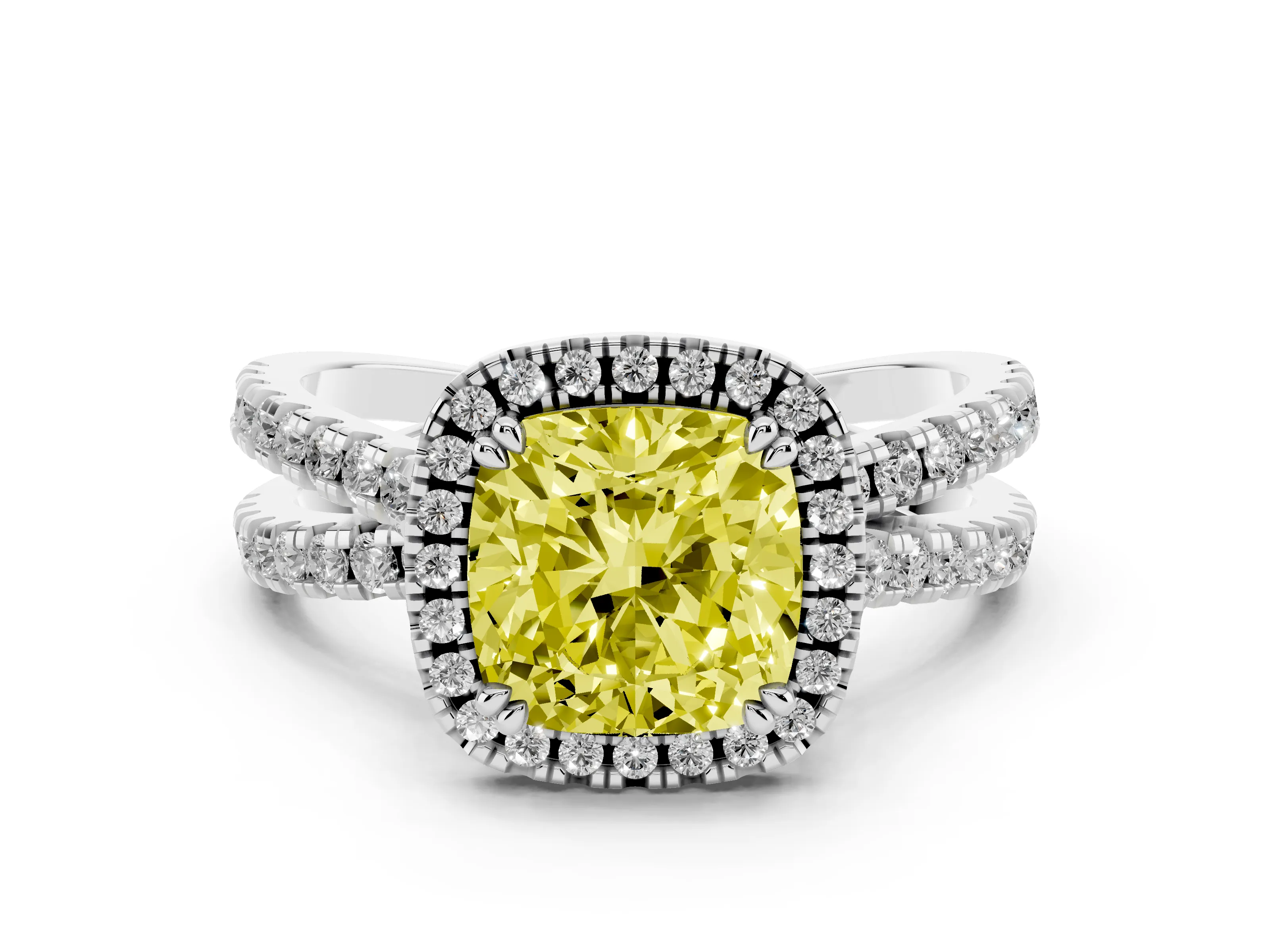 Fancy Yellow Cushion Cut Diamond Halo Split Shank Ring Set in Platinum with Pavé Setting