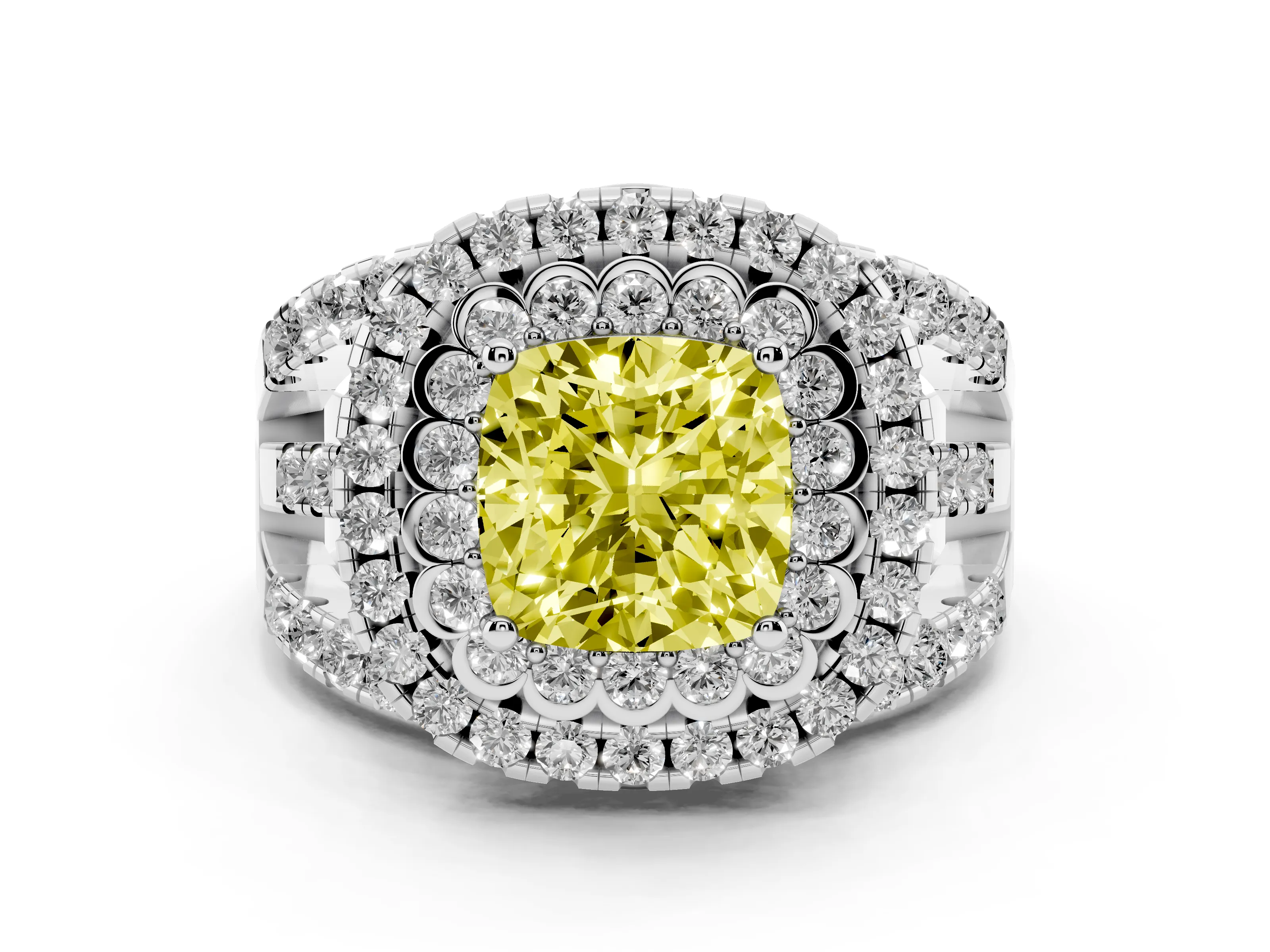 Fancy Yellow Cushion Cut Diamond Double Halo Ring Set in White gold with Round Pavé Split Shank