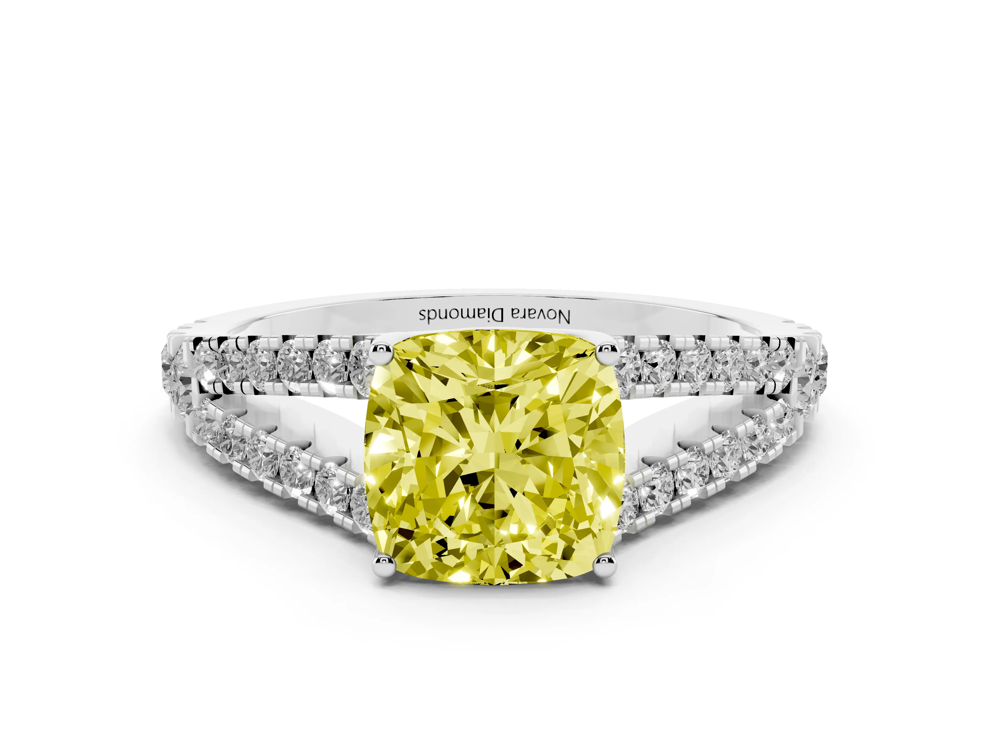 Fancy Yellow Cushion Cut Diamond Split Shank Pavé Engagement Ring Set in White gold with Prong-Held Center Stone