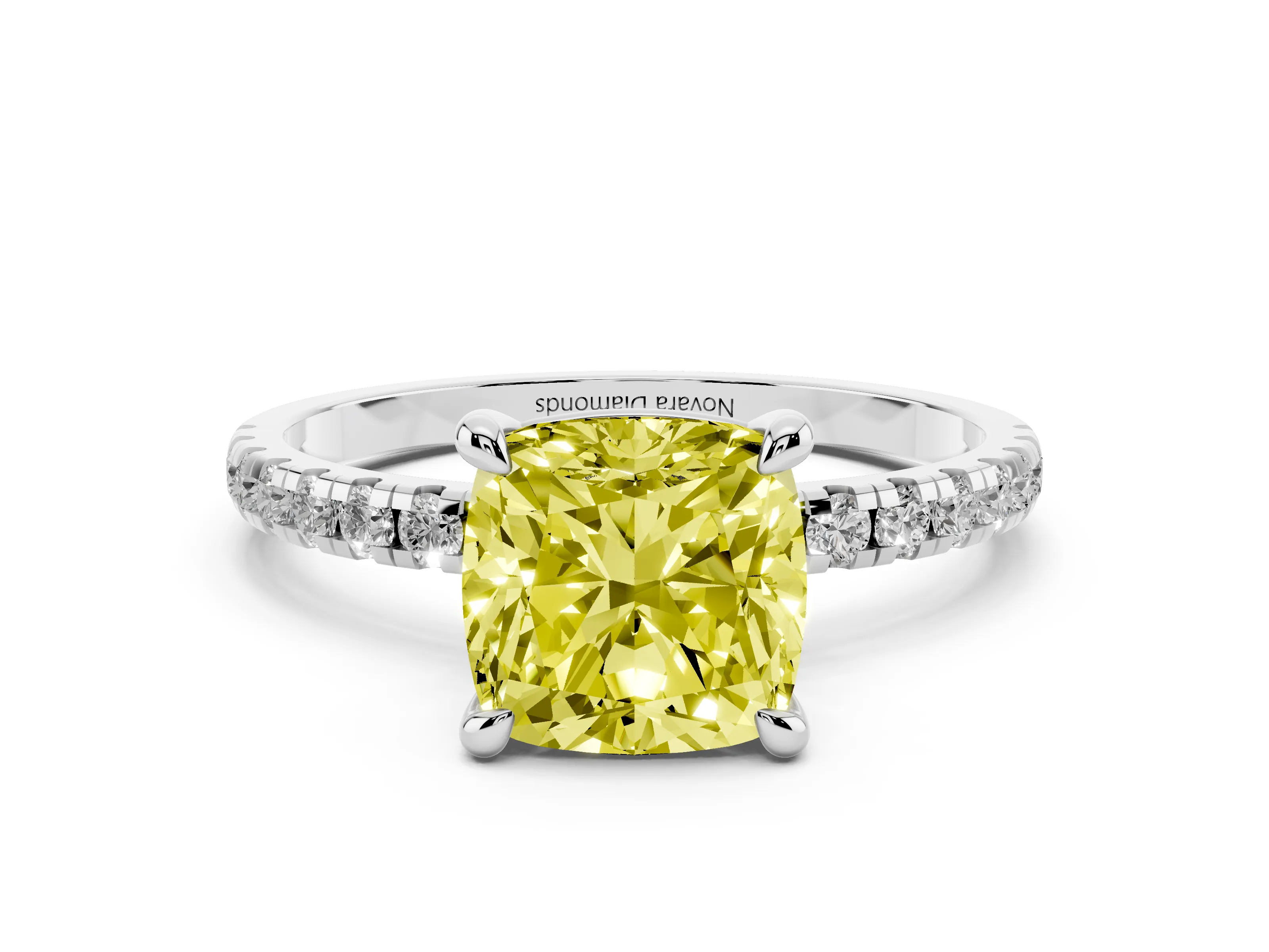 Fancy Yellow Cushion Cut Diamond Brilliant Solitaire Ring Set in Platinum with Pavé Band and Prong Setting