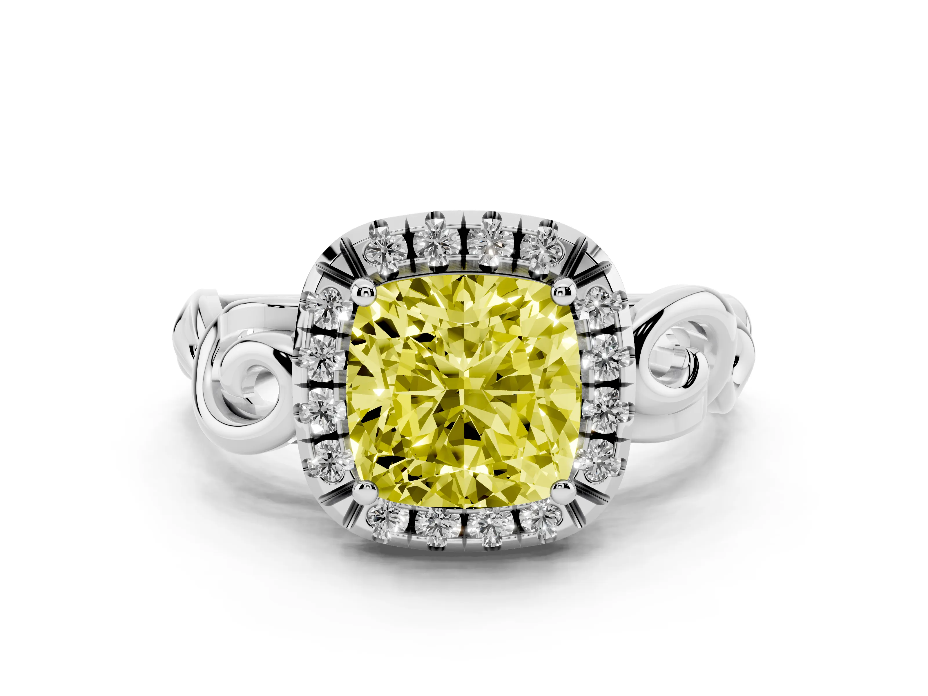 Fancy Yellow Cushion Cut Diamond Halo Ring Set in Platinum with Scrollwork Band and Prong Setting