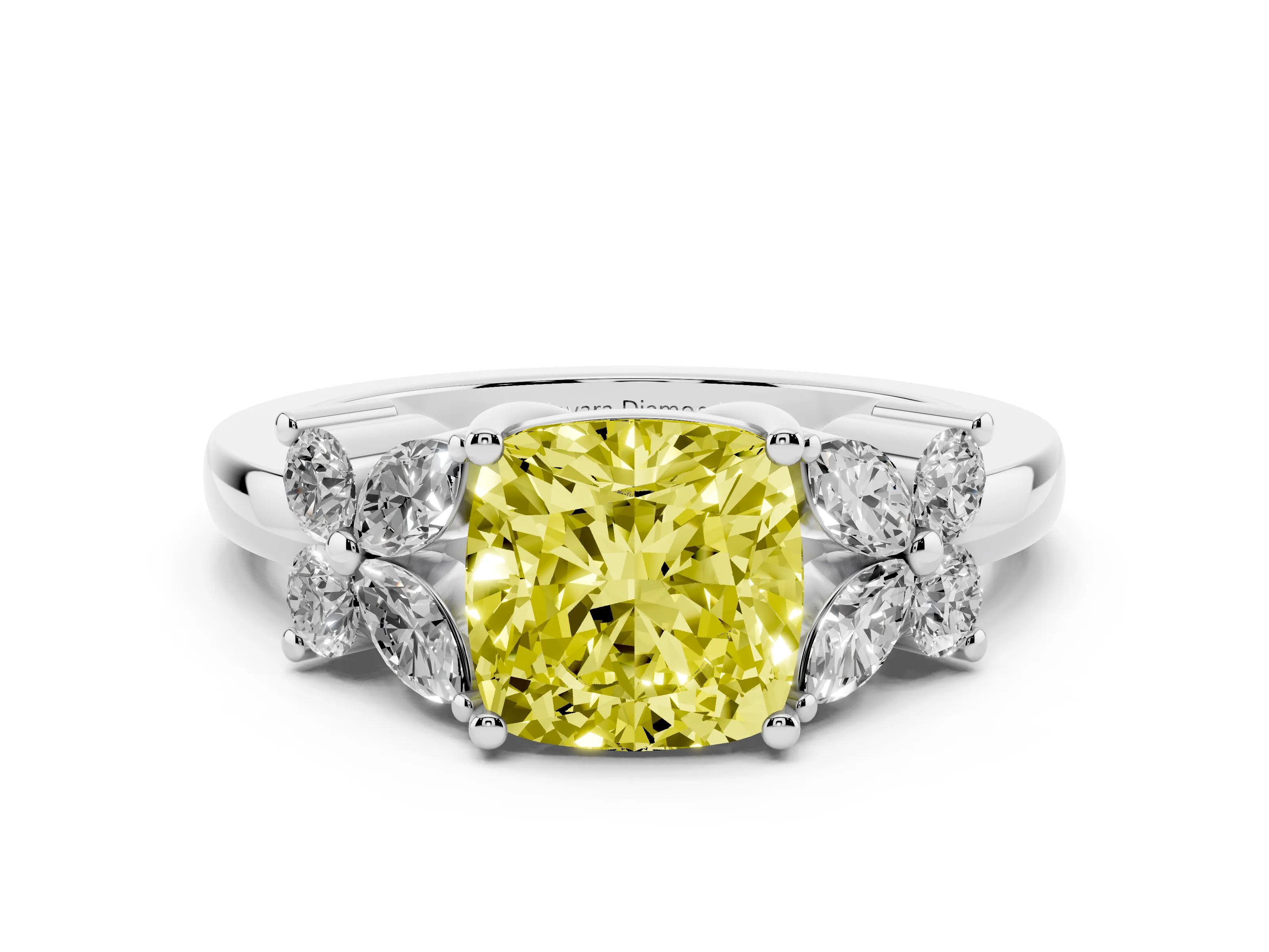 Fancy Yellow Cushion Cut Diamond Floral Cluster Ring Set in Platinum with Marquise Petals and Prong Setting
