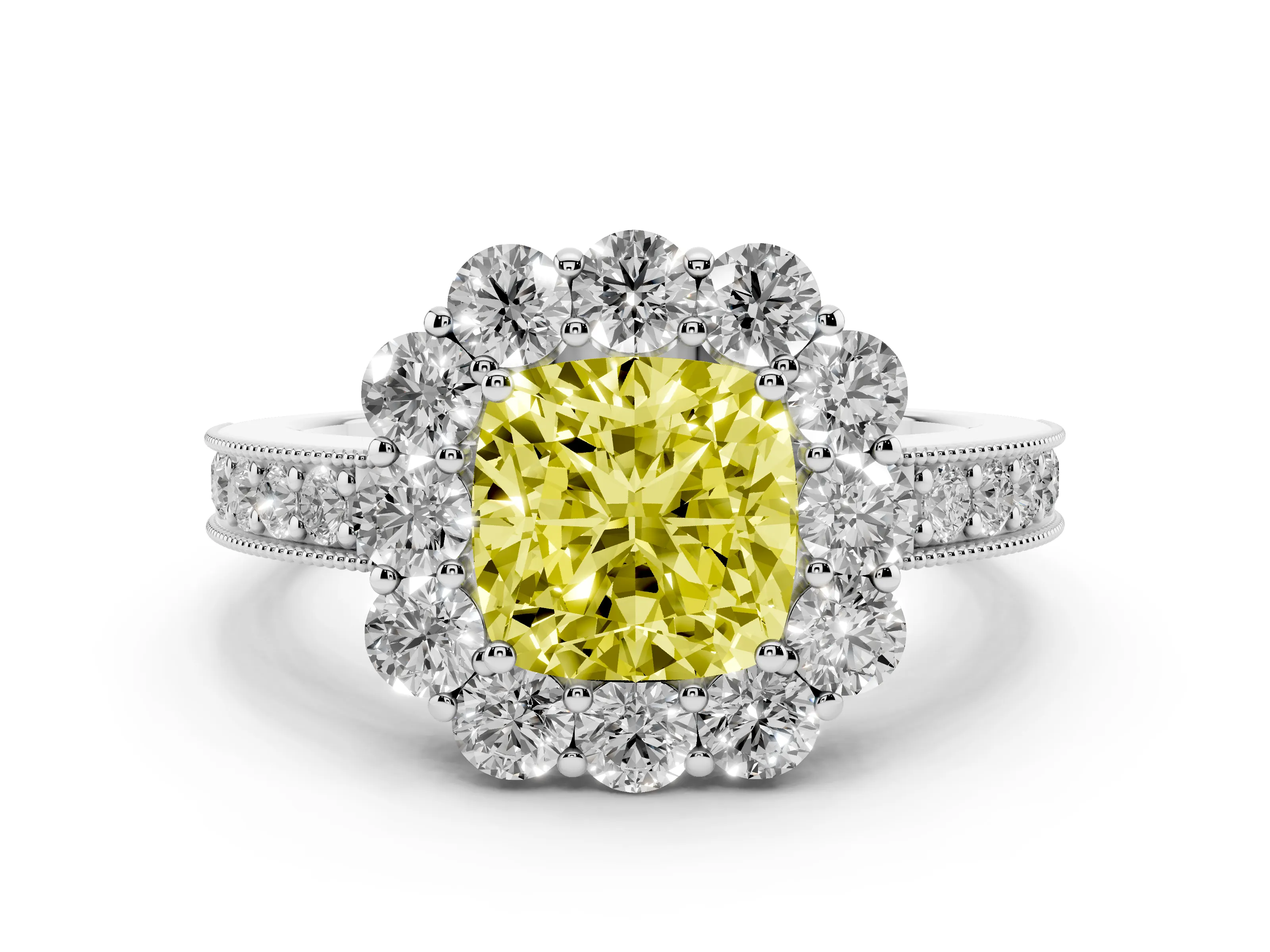 Fancy Yellow Cushion Cut Diamond Halo Pavé Engagement Ring Set in White gold with Milgrain Detailing