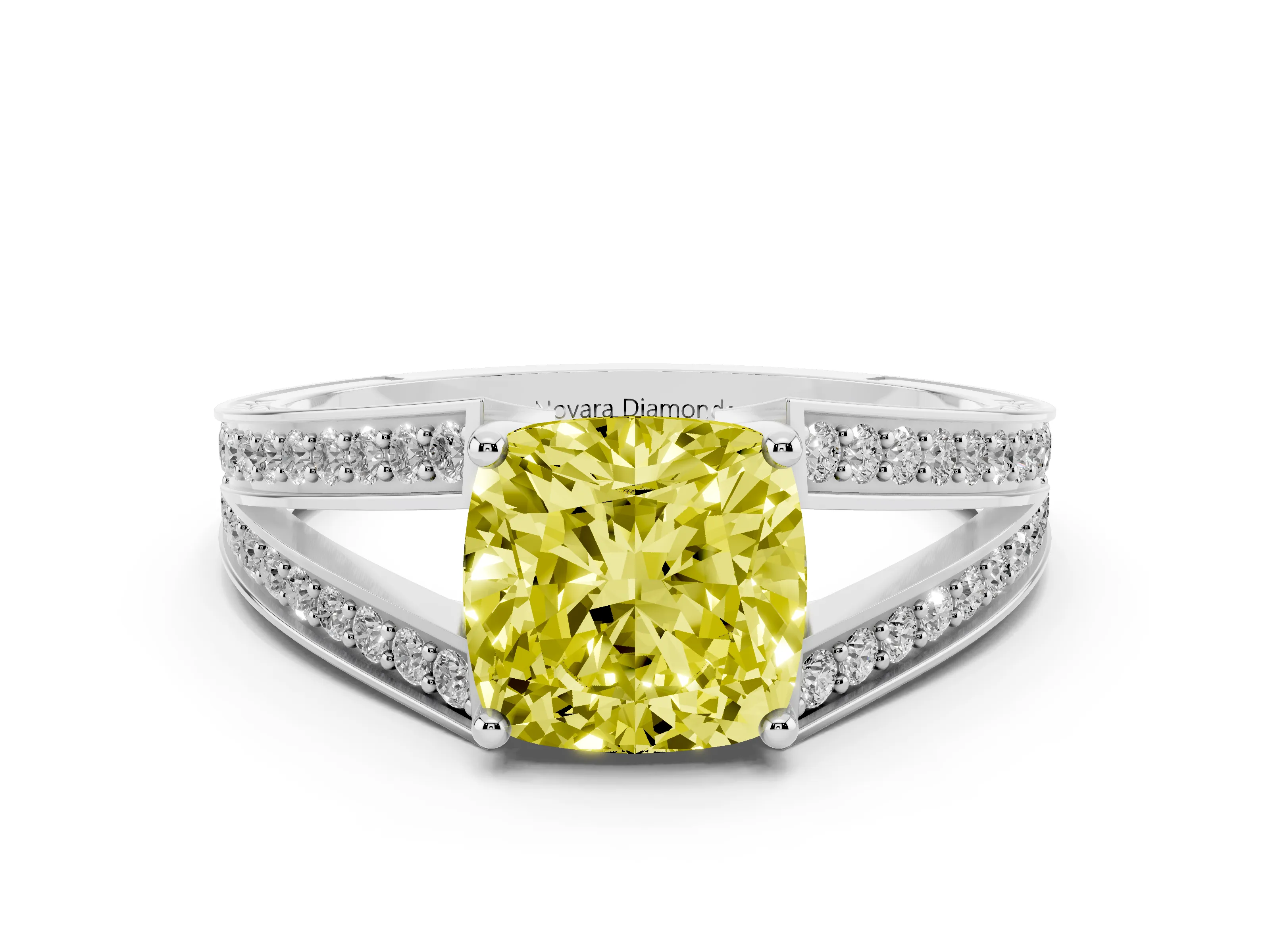 Fancy Yellow Cushion Cut Diamond Split Shank Ring Set in Platinum with Pavé Band and Prong Setting