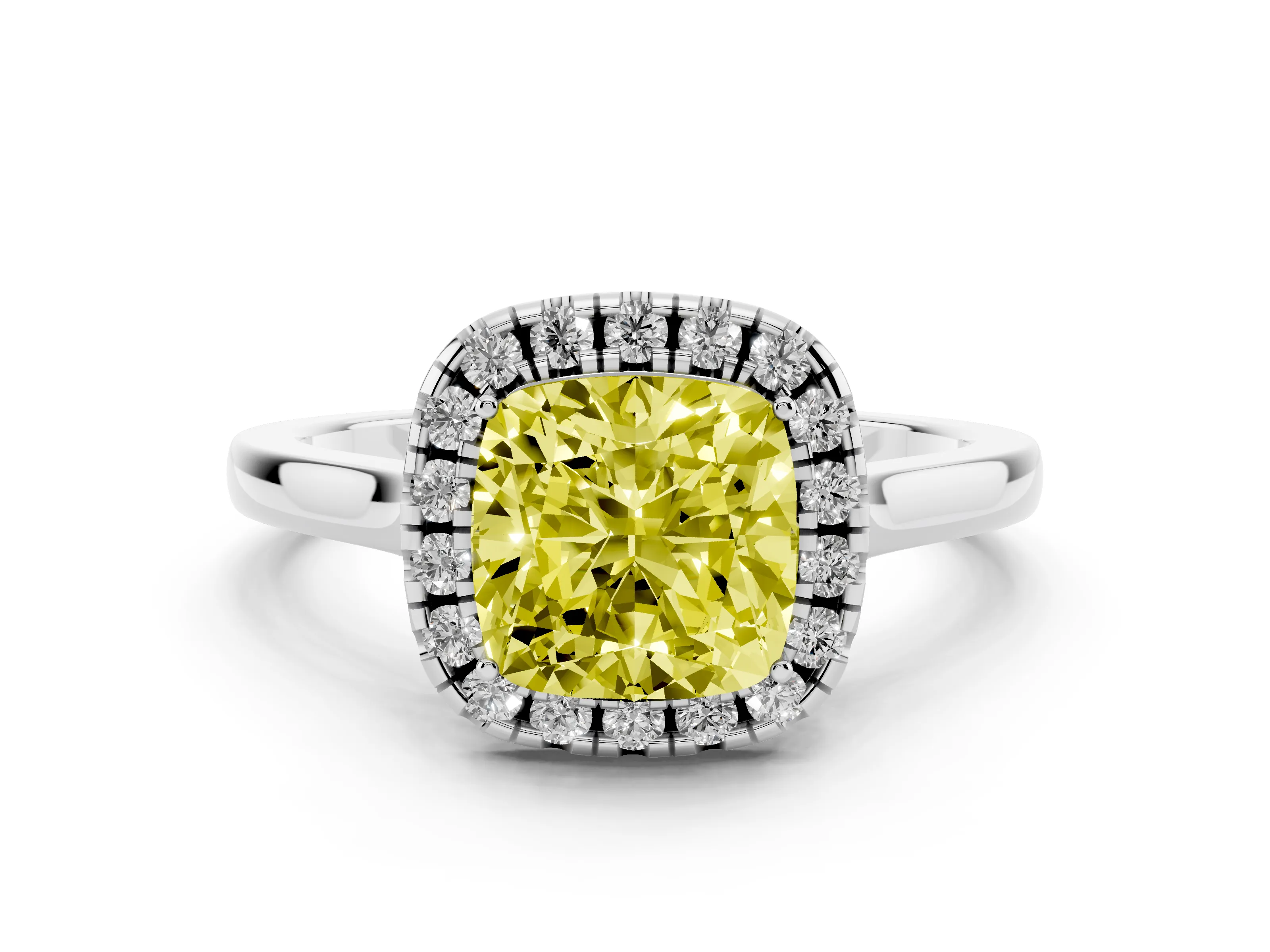 Fancy Yellow Cushion Cut Halo Round Diamond Solitaire Ring Set in White gold with Pavé Band and Prong Setting