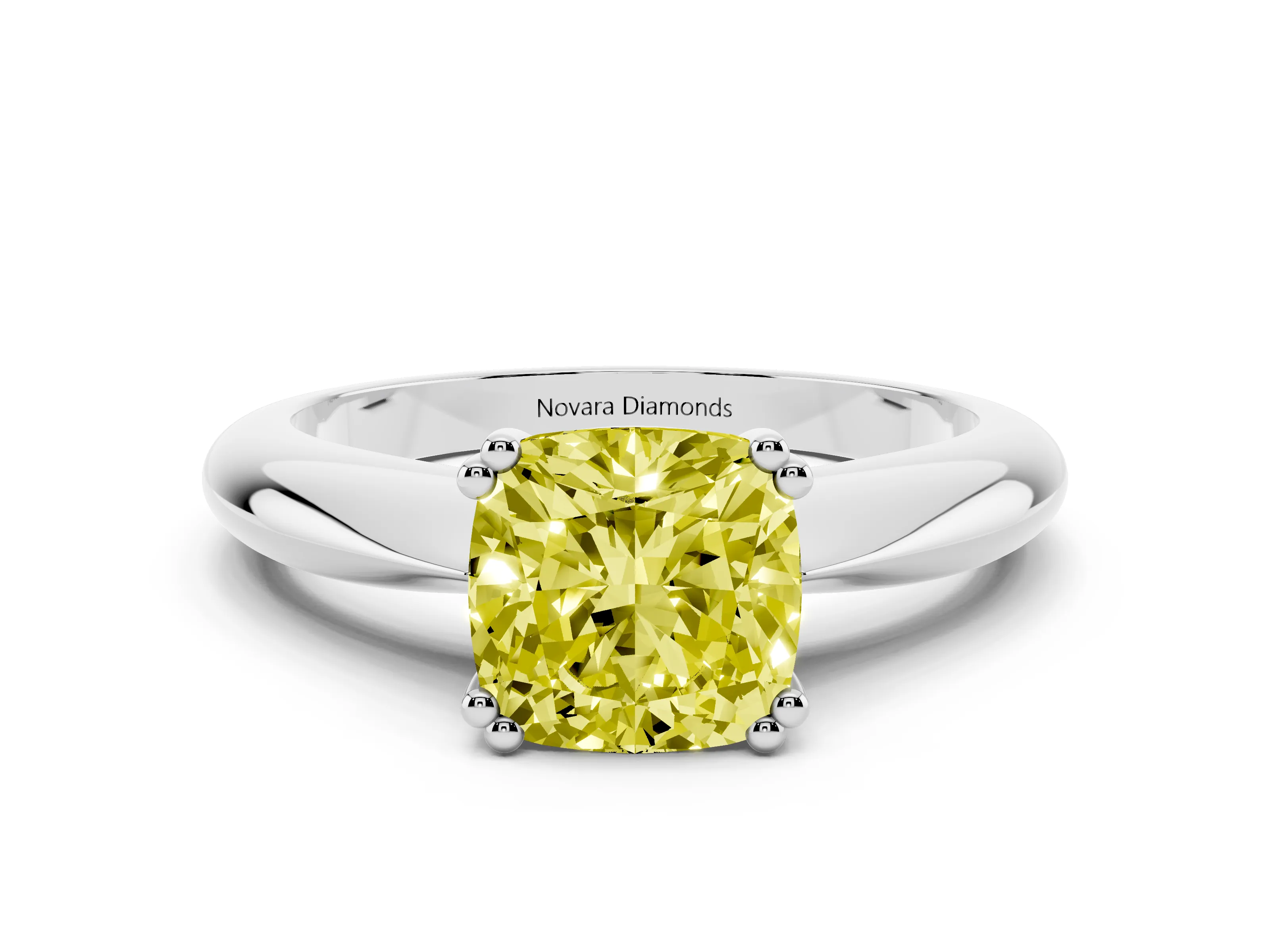 Fancy Yellow Cushion Cut Diamond Solitaire Engagement Ring Set in White gold with Tapered Band and Prong Setting