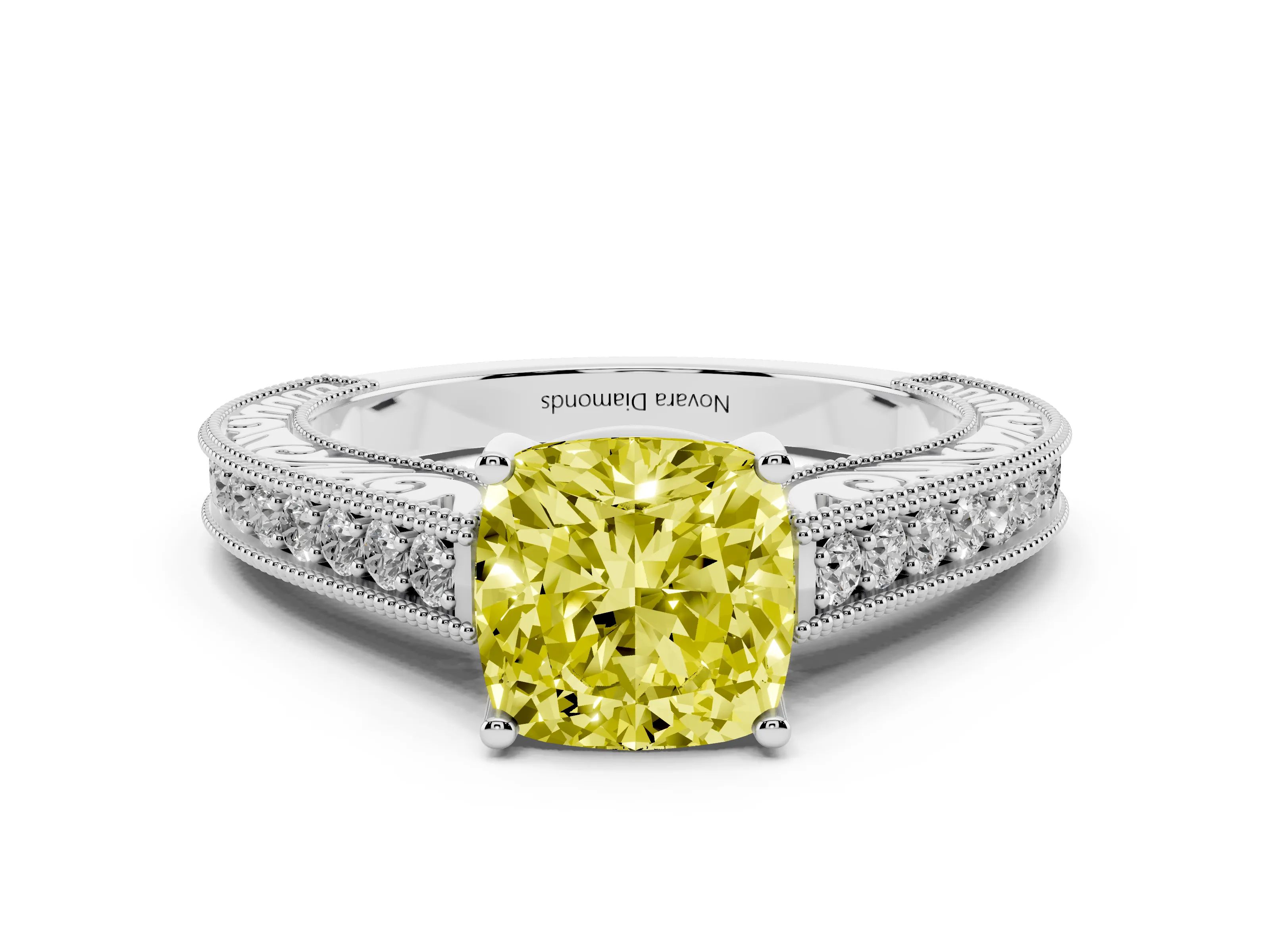 Fancy Yellow Cushion Cut Diamond Milgrain Pavé Band Solitaire Ring Set in White gold with Prong Setting