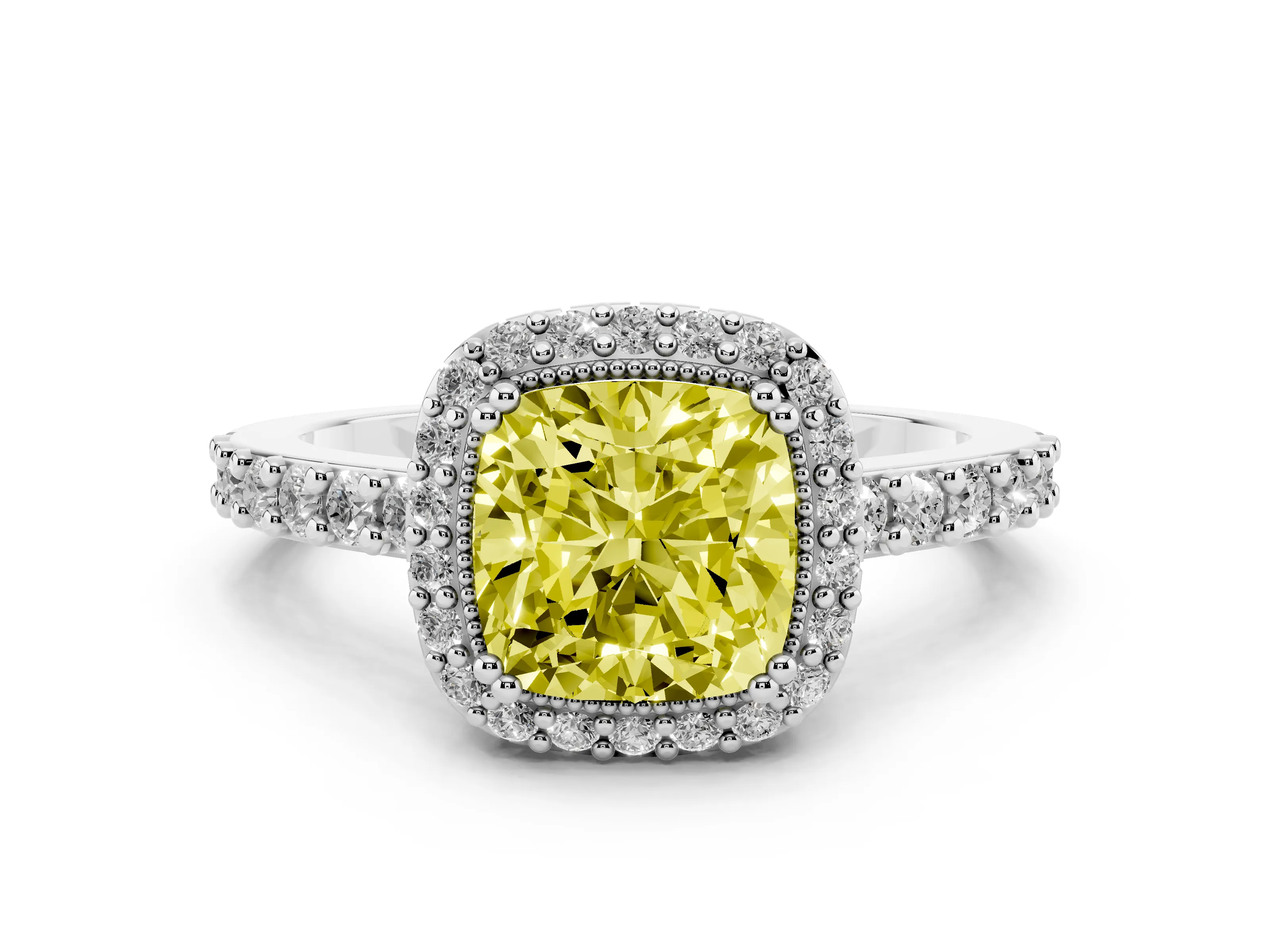 Fancy Yellow Cushion Cut Diamond Halo Engagement Ring Set in Platinum with Milgrain Detail and Pavé Band
