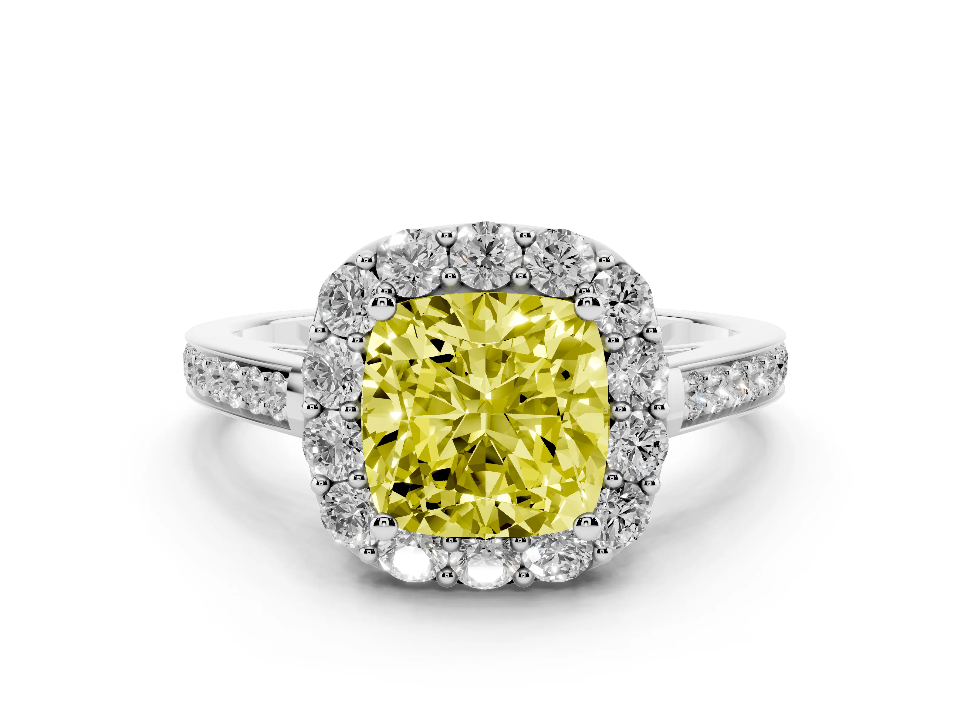 Fancy Yellow Cushion Cut Diamond Floral Halo Ring Set in White gold with Pavé Band and Prong Setting