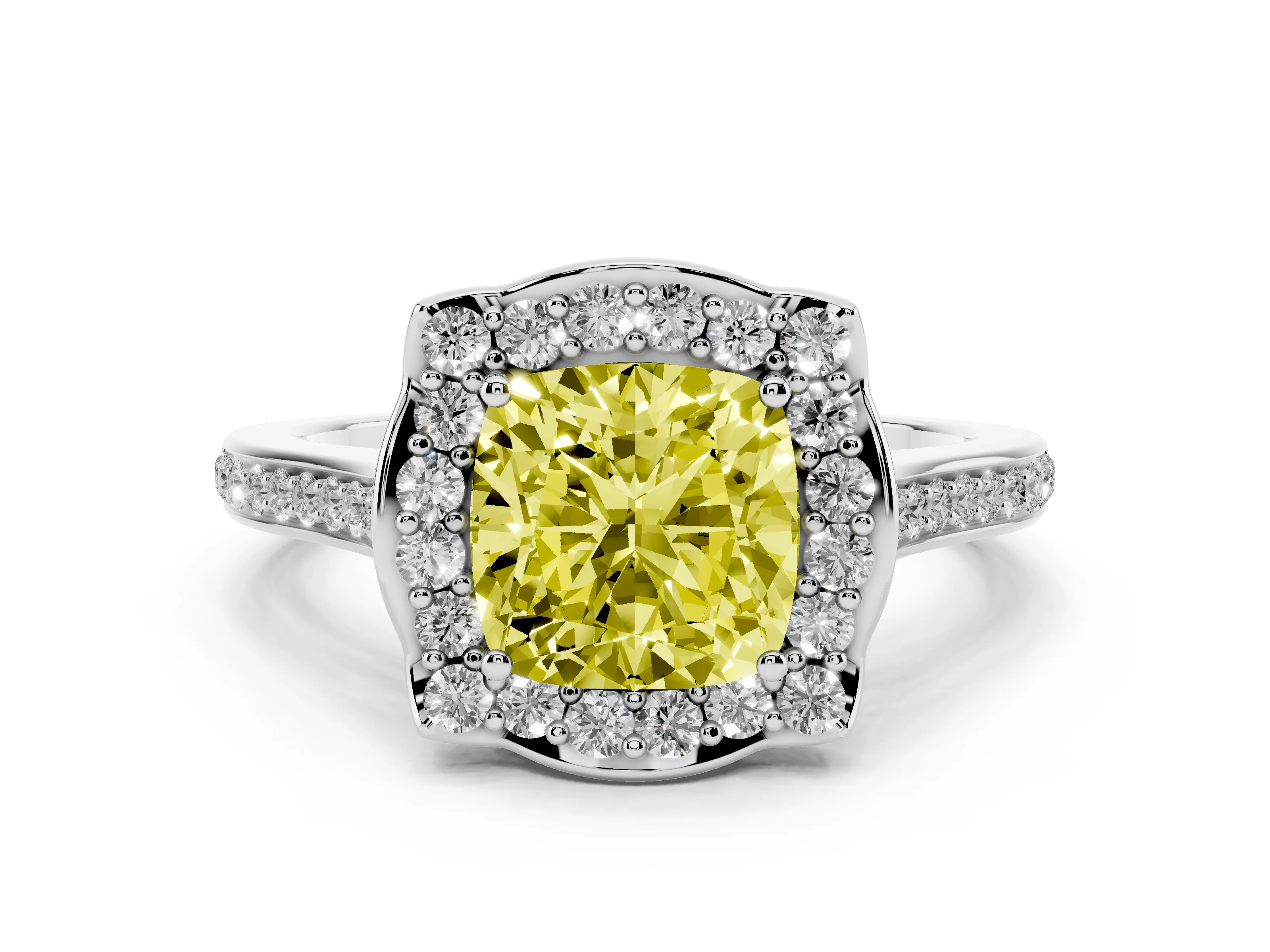 Fancy Yellow Cushion Cut Diamond Halo Ring Set in Platinum with Pavé-Lined Shoulders and Prong Setting