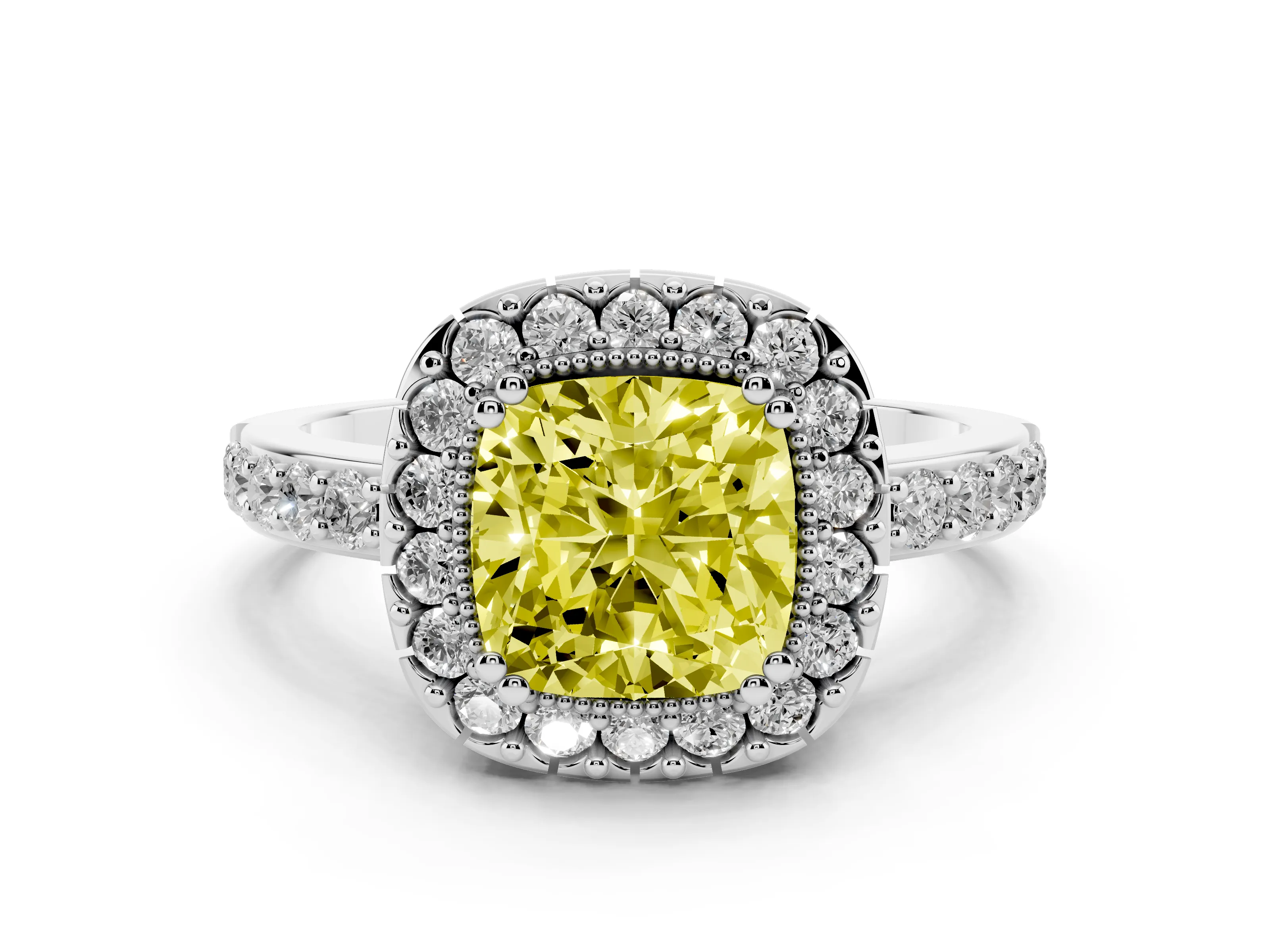 Fancy Yellow Cushion Cut Diamond Halo Ring Set in White gold with Pavé Shank and Prong Setting