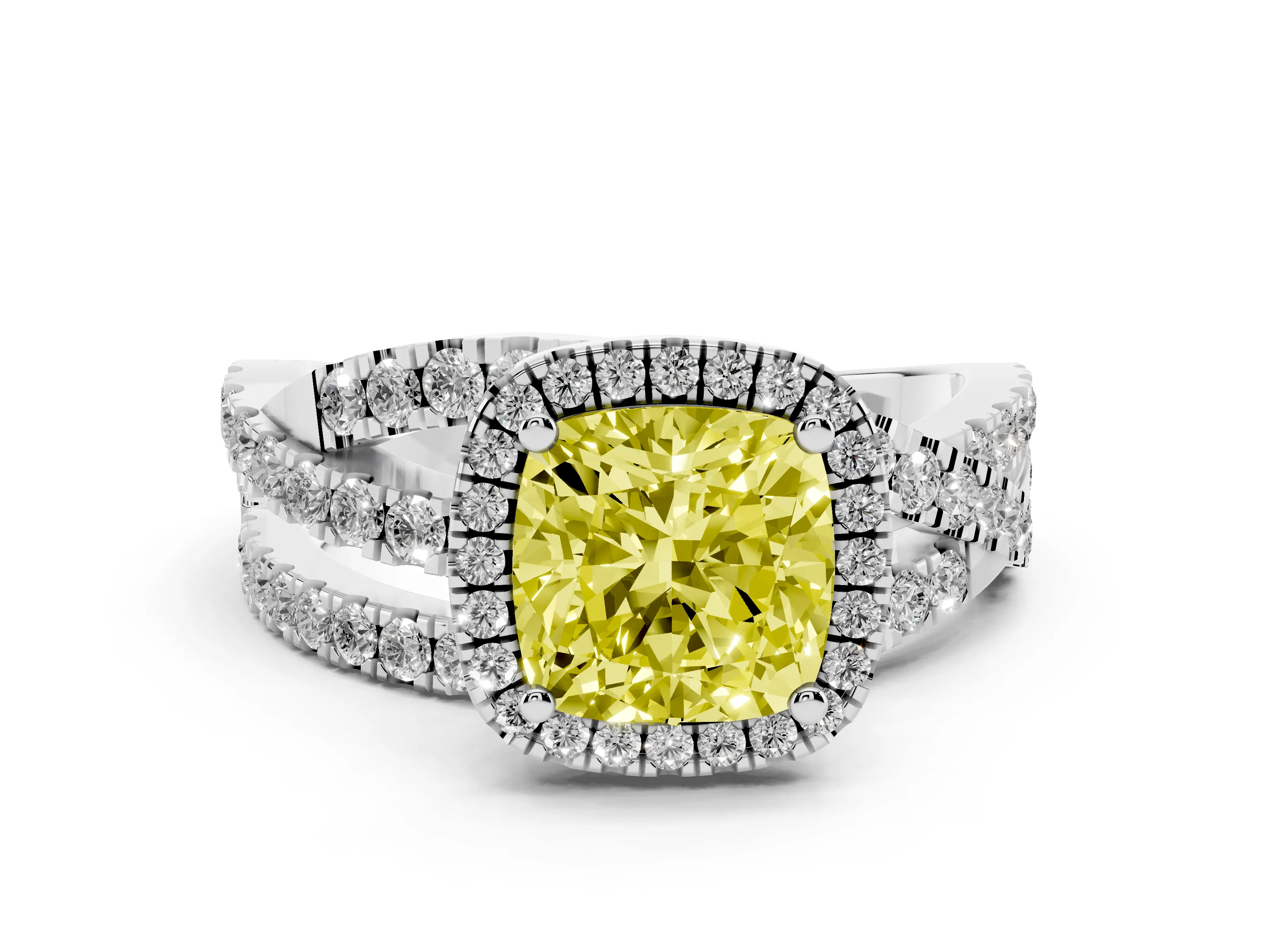 Fancy Yellow Cushion Cut Diamond Halo Ring Set in White gold with Round Crossover Split Shank and Prong Setting