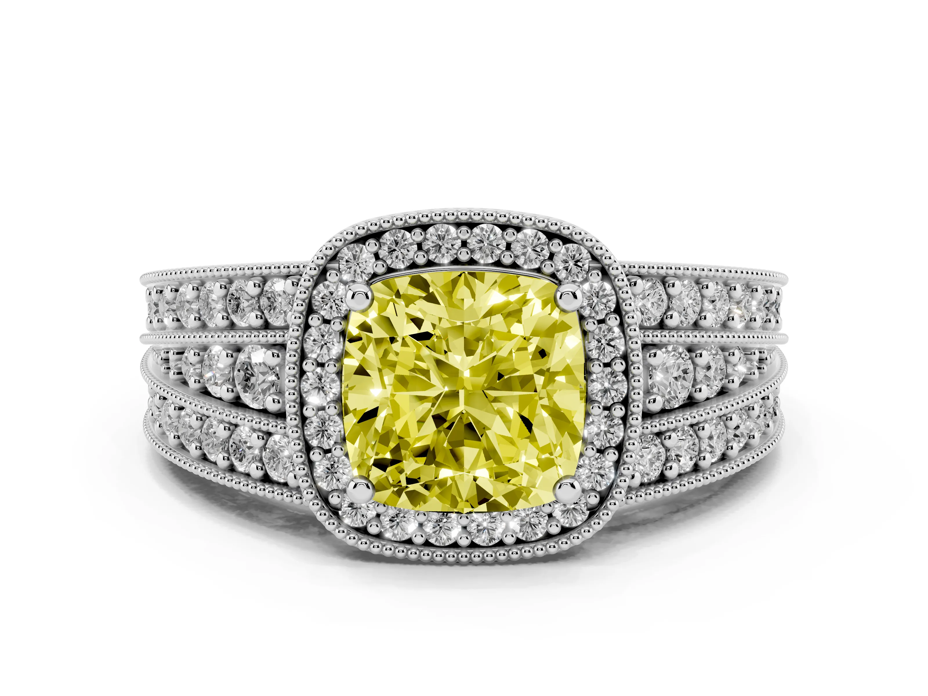 Fancy Yellow Cushion Cut Diamond Halo Ring Set in Silver with Accent Split Shank and Prong Setting