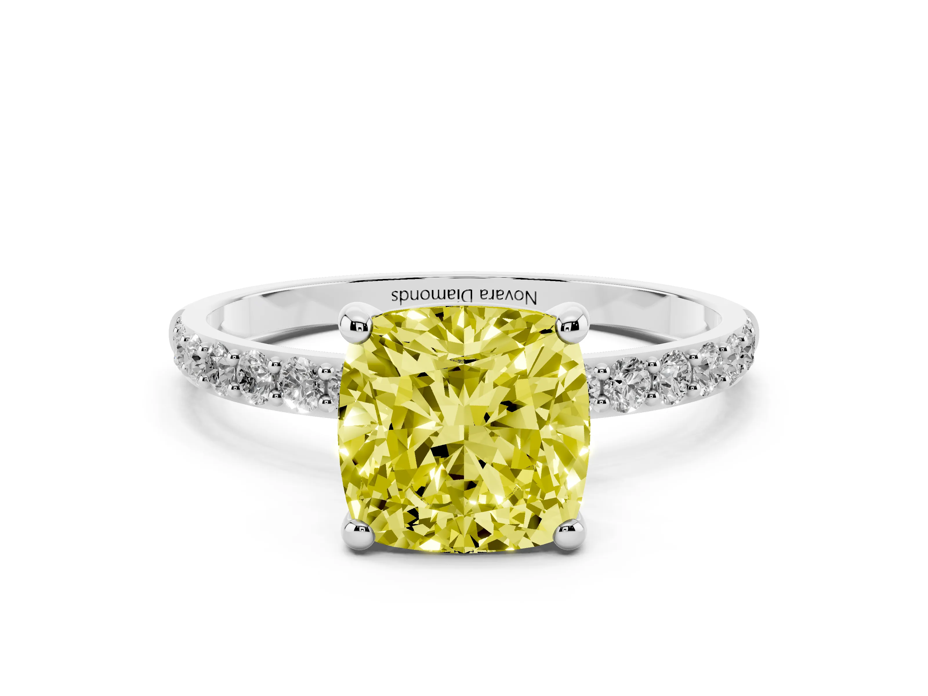 Fancy Yellow Cushion Cut Diamond Solitaire Ring Set in Platinum with Round Pavé Band and Prong Setting