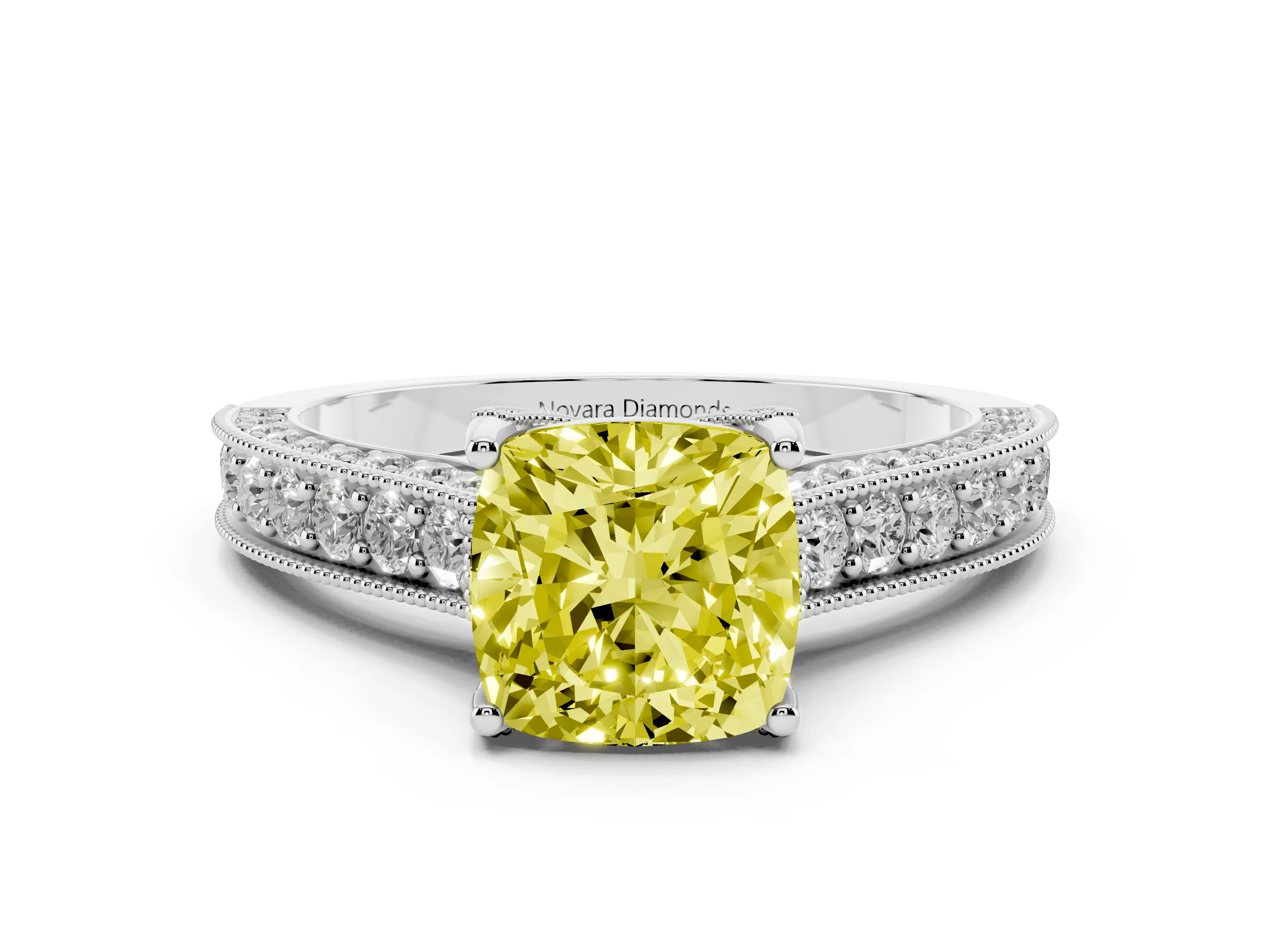 Fancy Yellow Cushion Cut Diamond Solitaire Ring Set in Silver with Milgrain-Edged Pavé Band and Prong Setting
