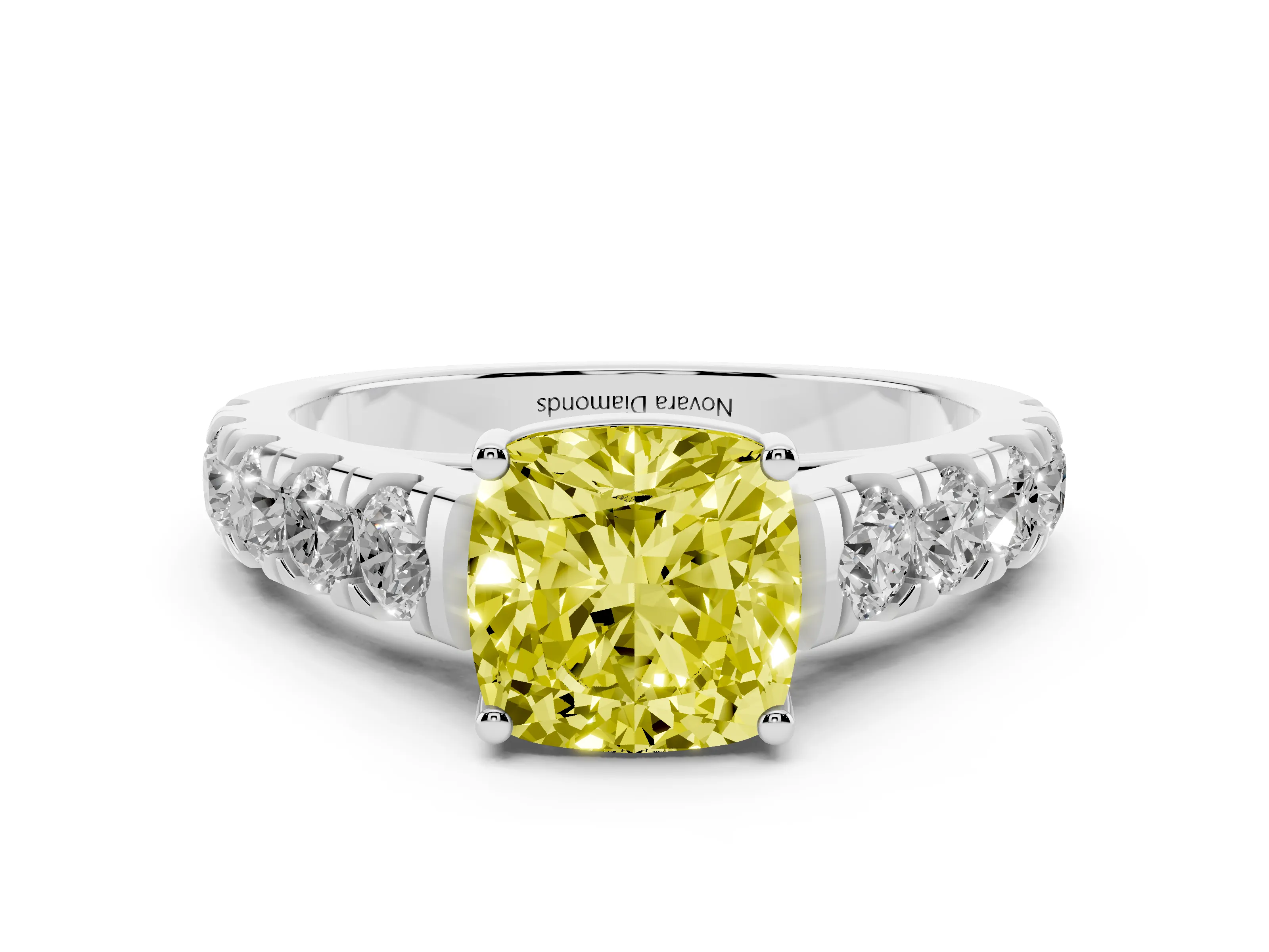 Fancy Yellow Cushion Cut Diamond Solitaire Ring Set in Platinum with Cut-Down Micro Pavé Band and Prong Setting
