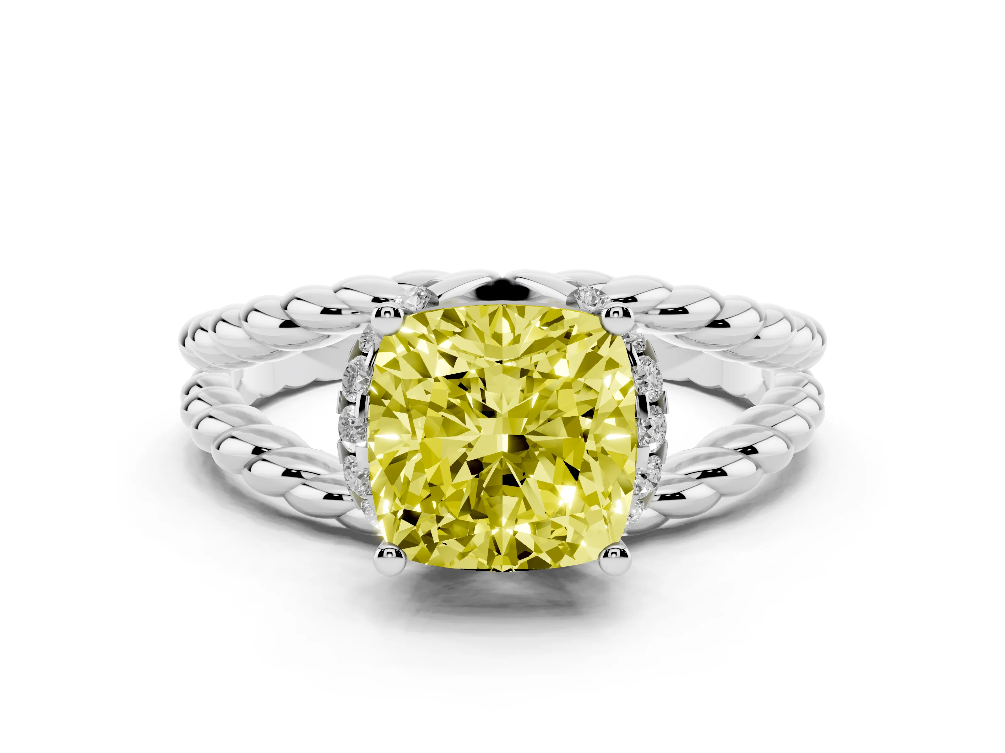 Fancy Yellow Cushion Cut Diamond Halo Ring Set in Platinum with Twisted Band and Prong Setting