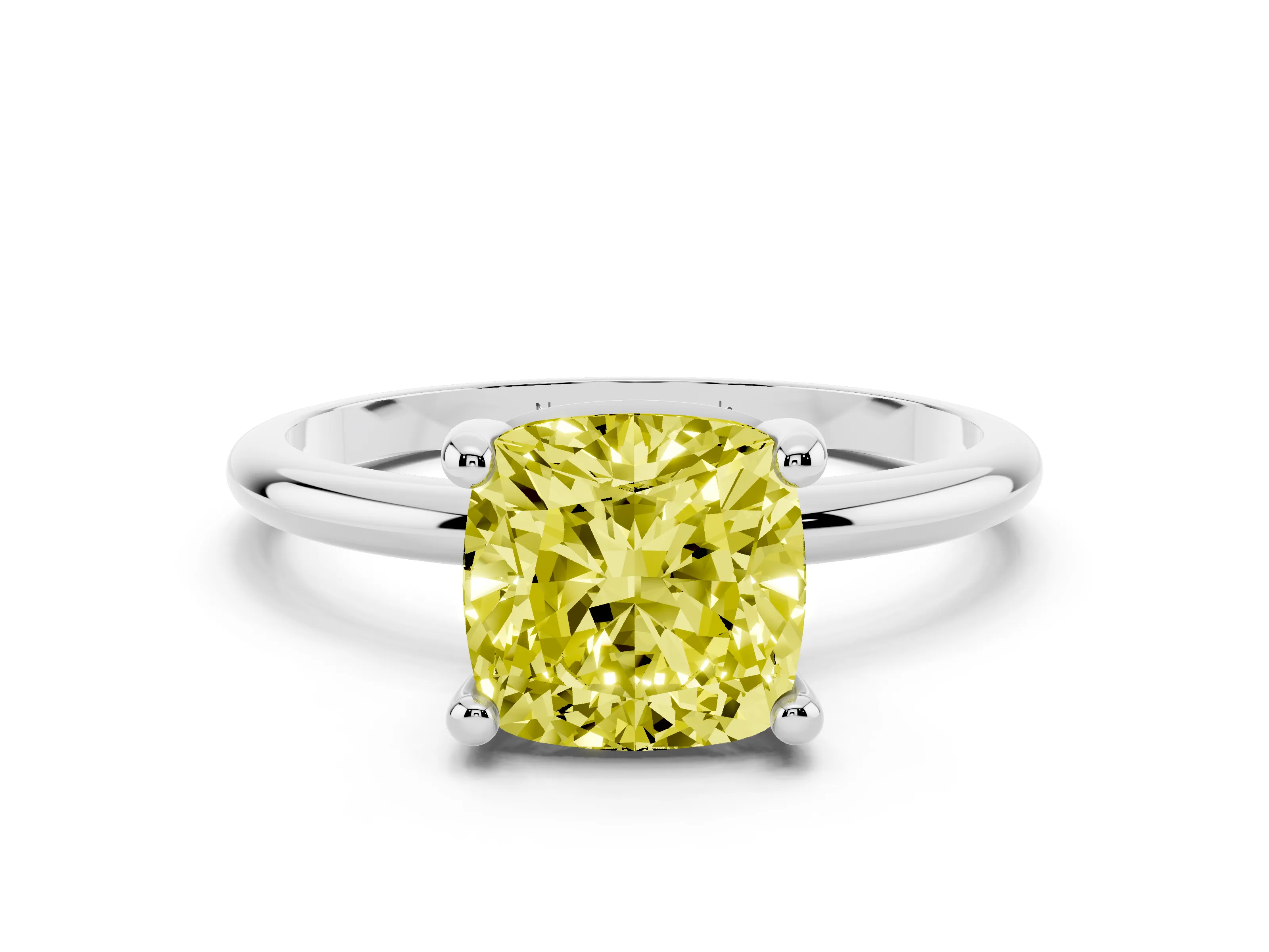 Fancy Yellow Cushion Cut Diamond Solitaire Ring Set in Platinum with Secure Prong Setting on a Classic Band