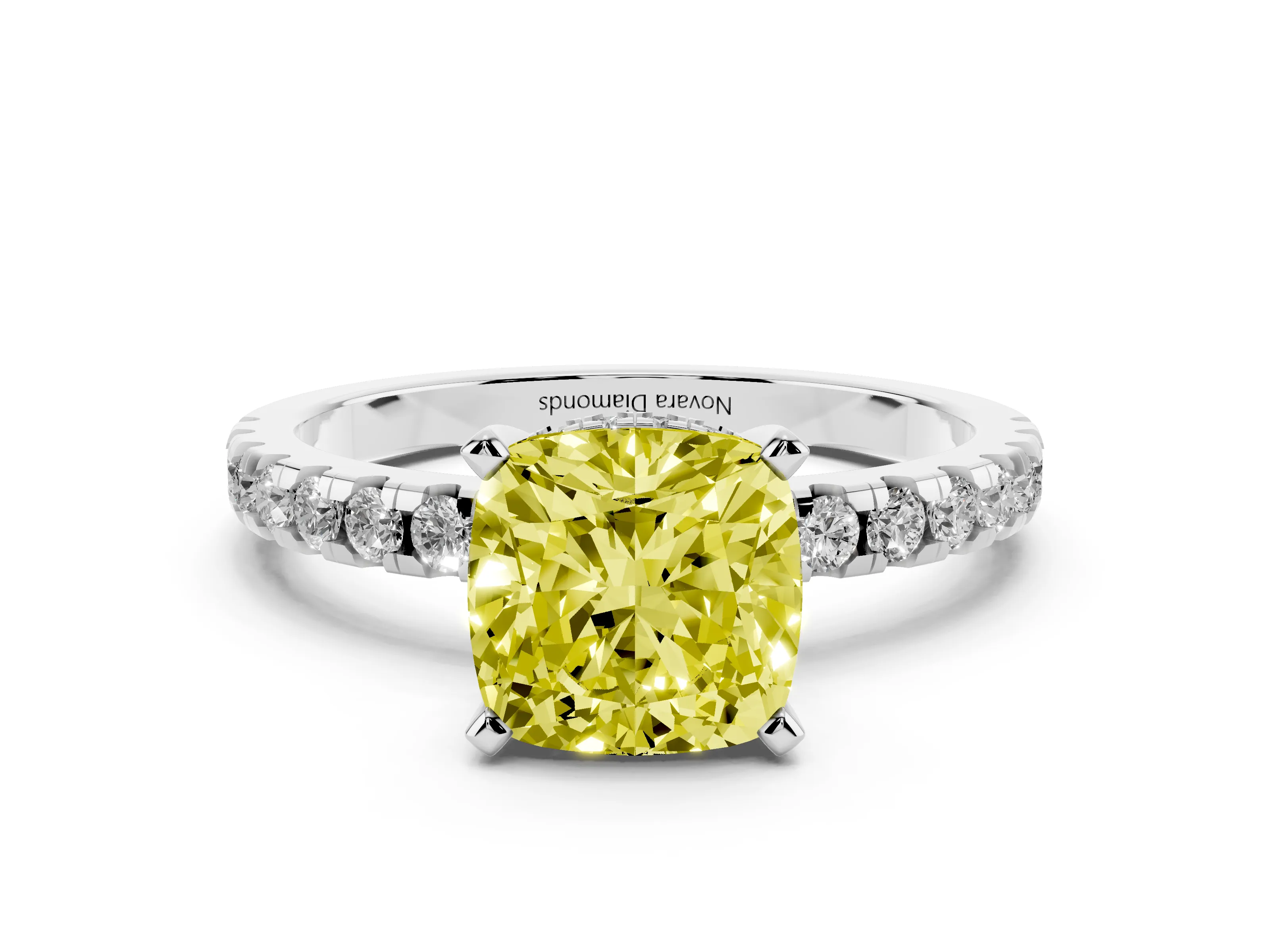Fancy Yellow Cushion Cut Diamond Pavé Solitaire Ring Set in Platinum with Round Band Accents and Prong Setting