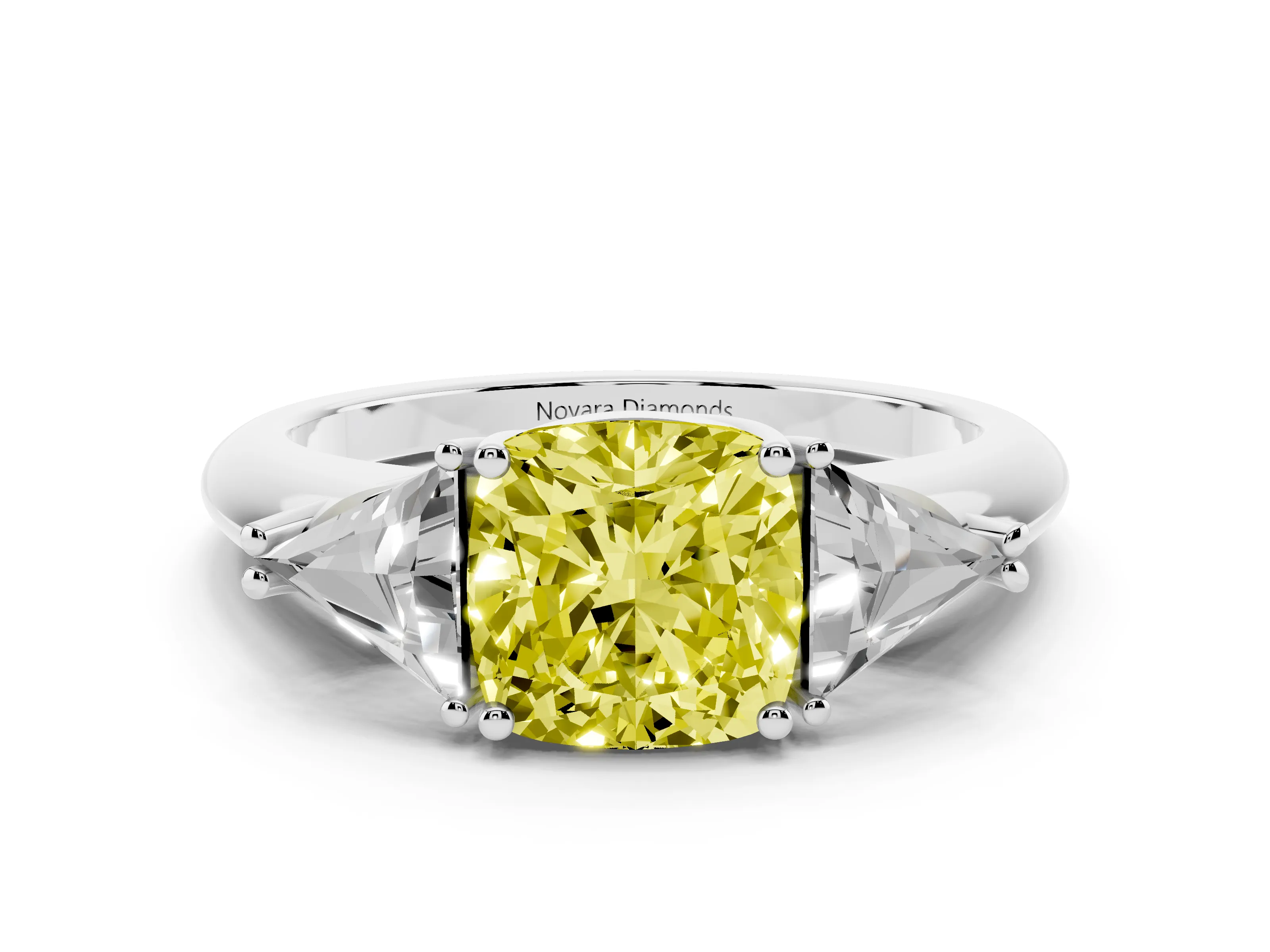Fancy Yellow Cushion Cut Diamond Three-Stone Engagement Ring Set in Silver with Trillion Side Stones