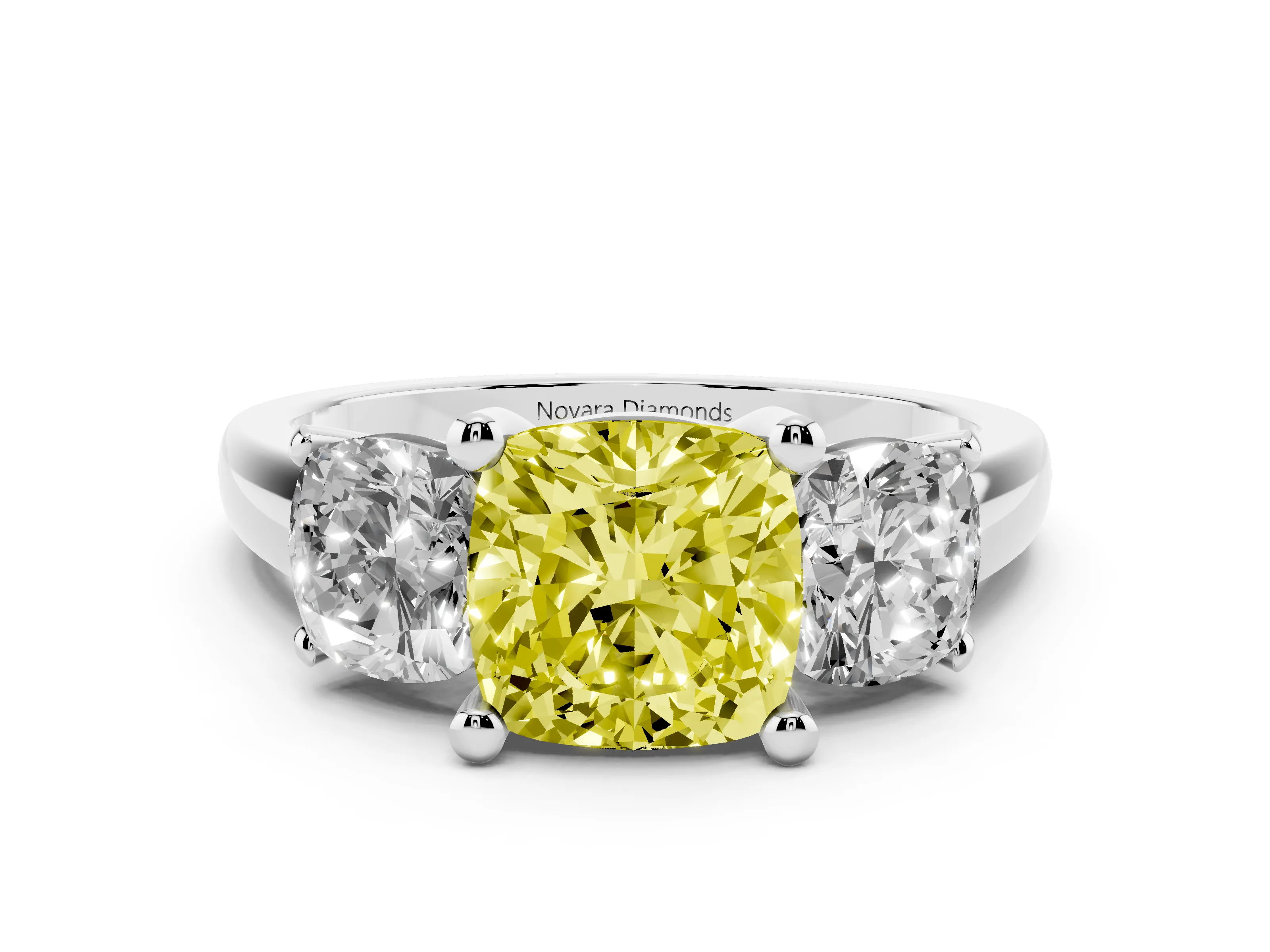 Fancy Yellow Cushion Cut Diamond Three-Stone Ring Set in White gold with Classic Prong Setting and Plain Band
