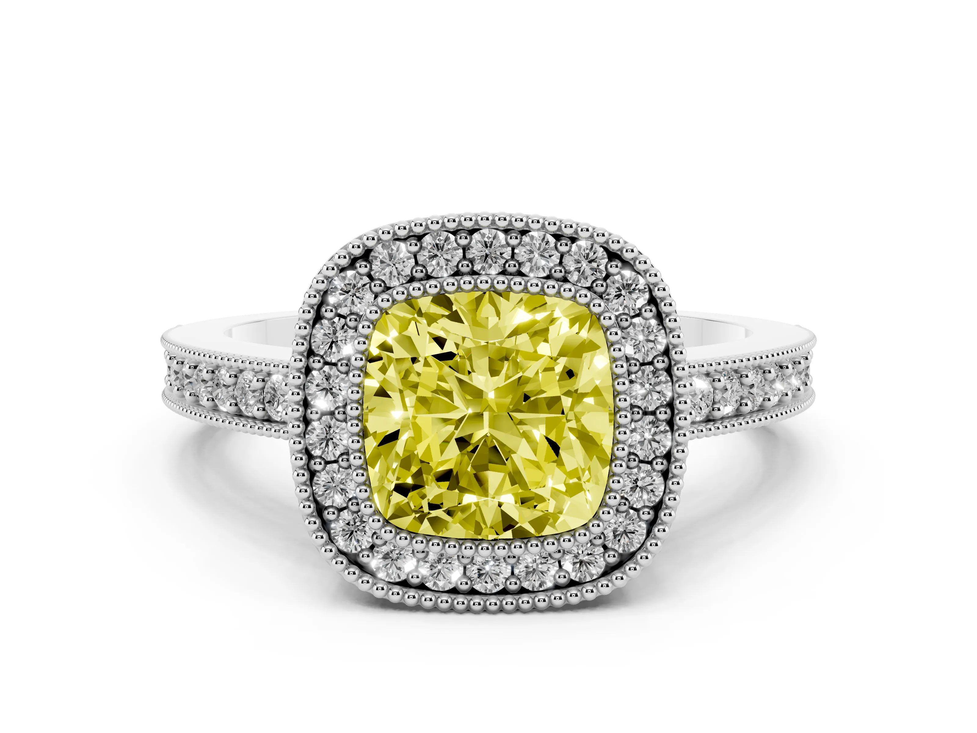 Fancy Yellow Cushion Cut Diamond Halo Engagement Ring Set in Platinum with Pavé Band and Round Halo Stones