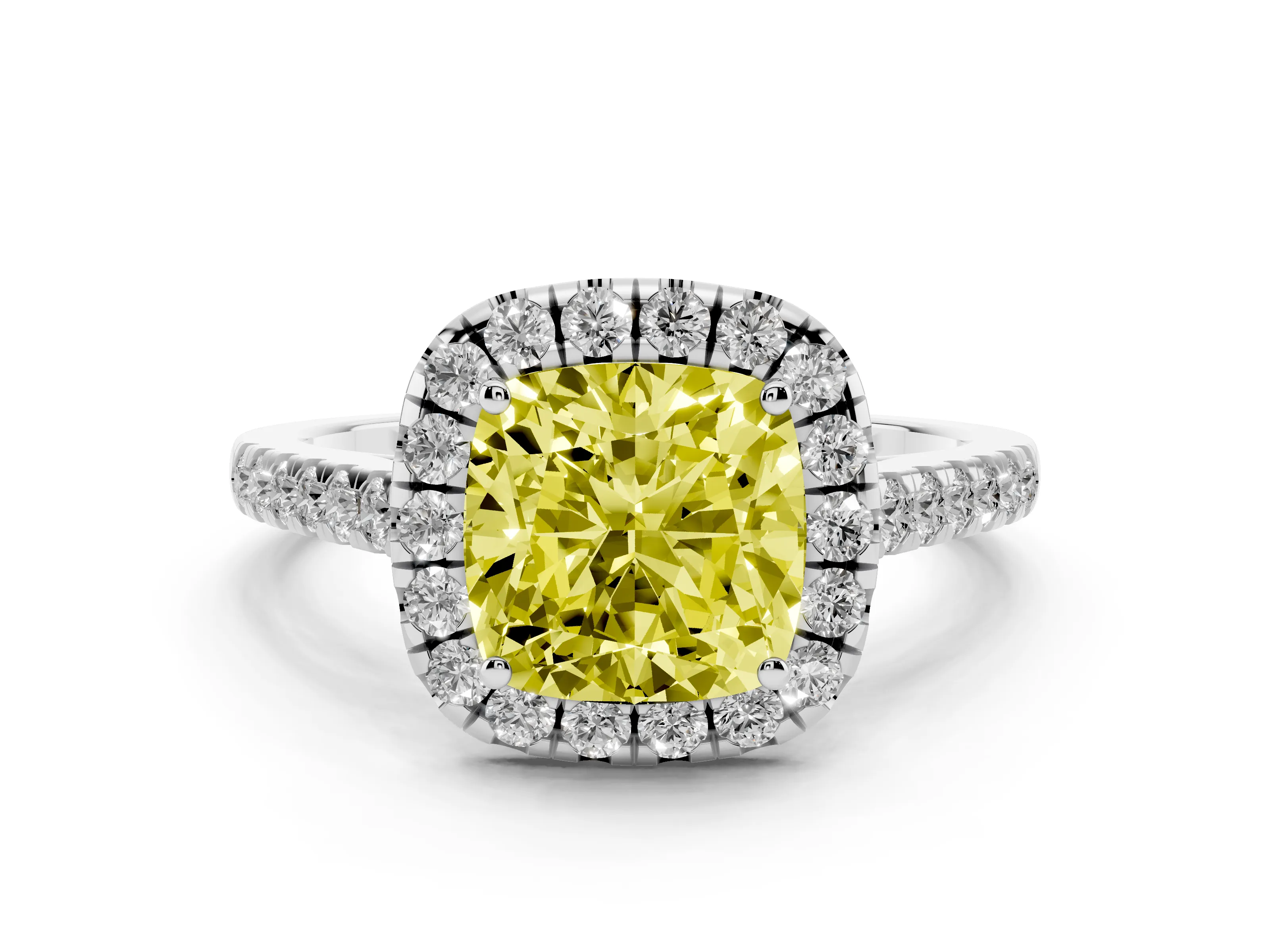 Fancy Yellow Cushion Cut Diamond Halo Pavé Engagement Ring Set in White gold with Prong Setting