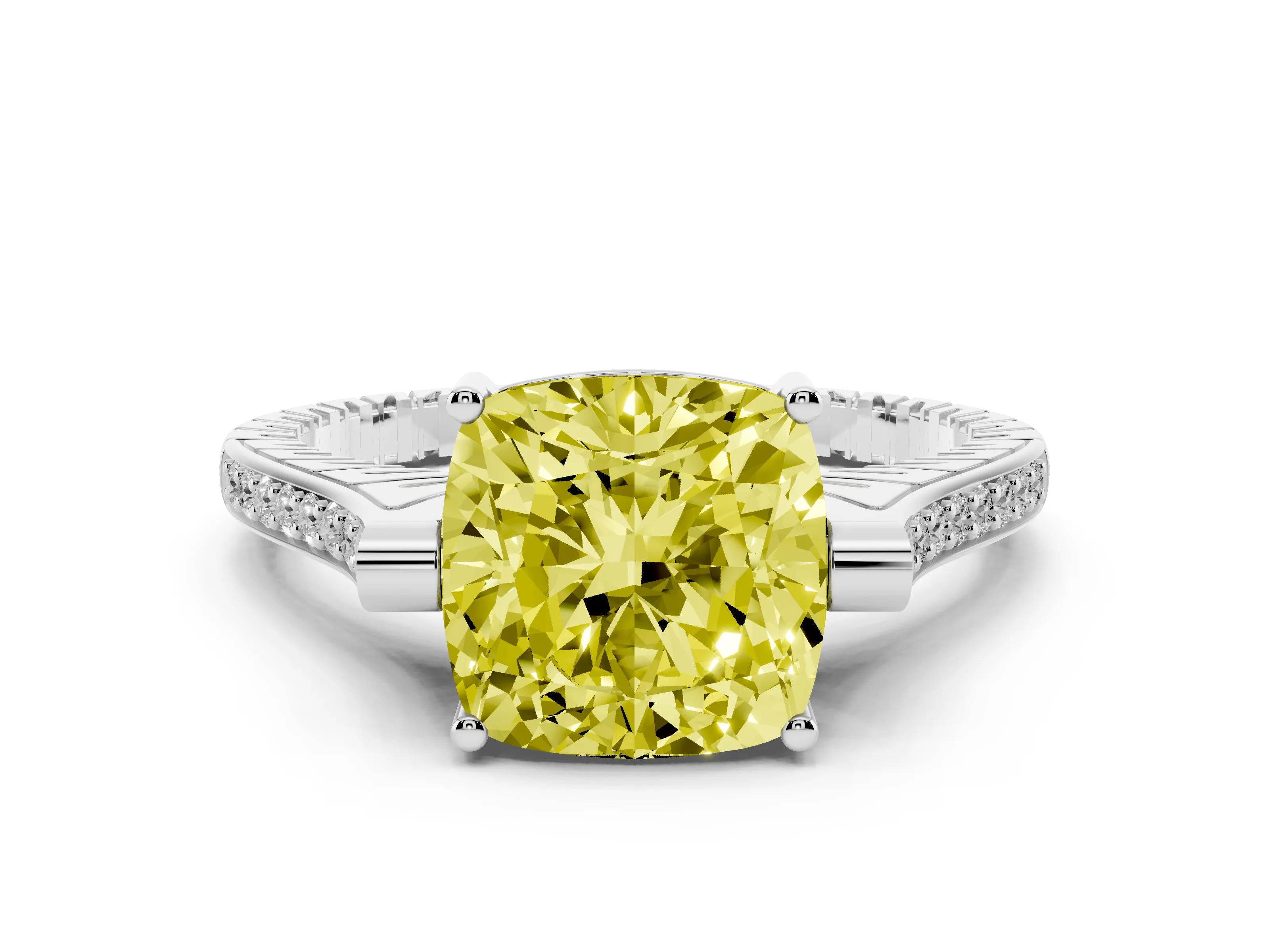 Fancy Yellow Cushion Cut Diamond Solitaire Ring Set in Platinum with Channel Set Band and Bezel Prong Setting