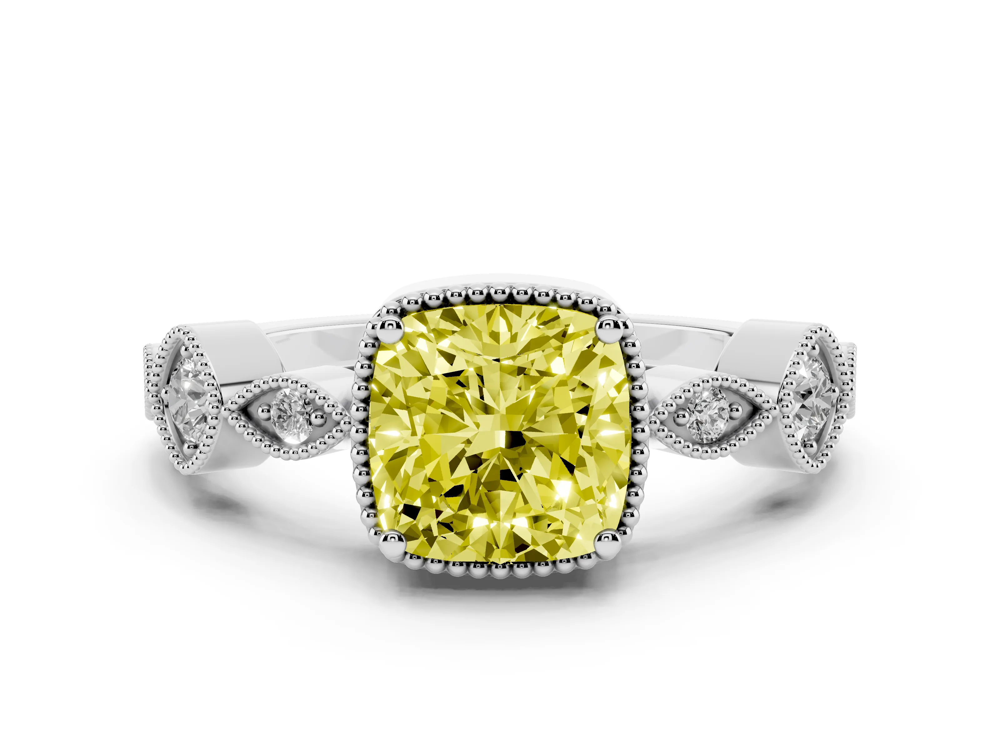 Fancy Yellow Cushion Cut Diamond Vintage-Inspired Milgrain Ring Set in Platinum with Marquise Stations of Round Accents