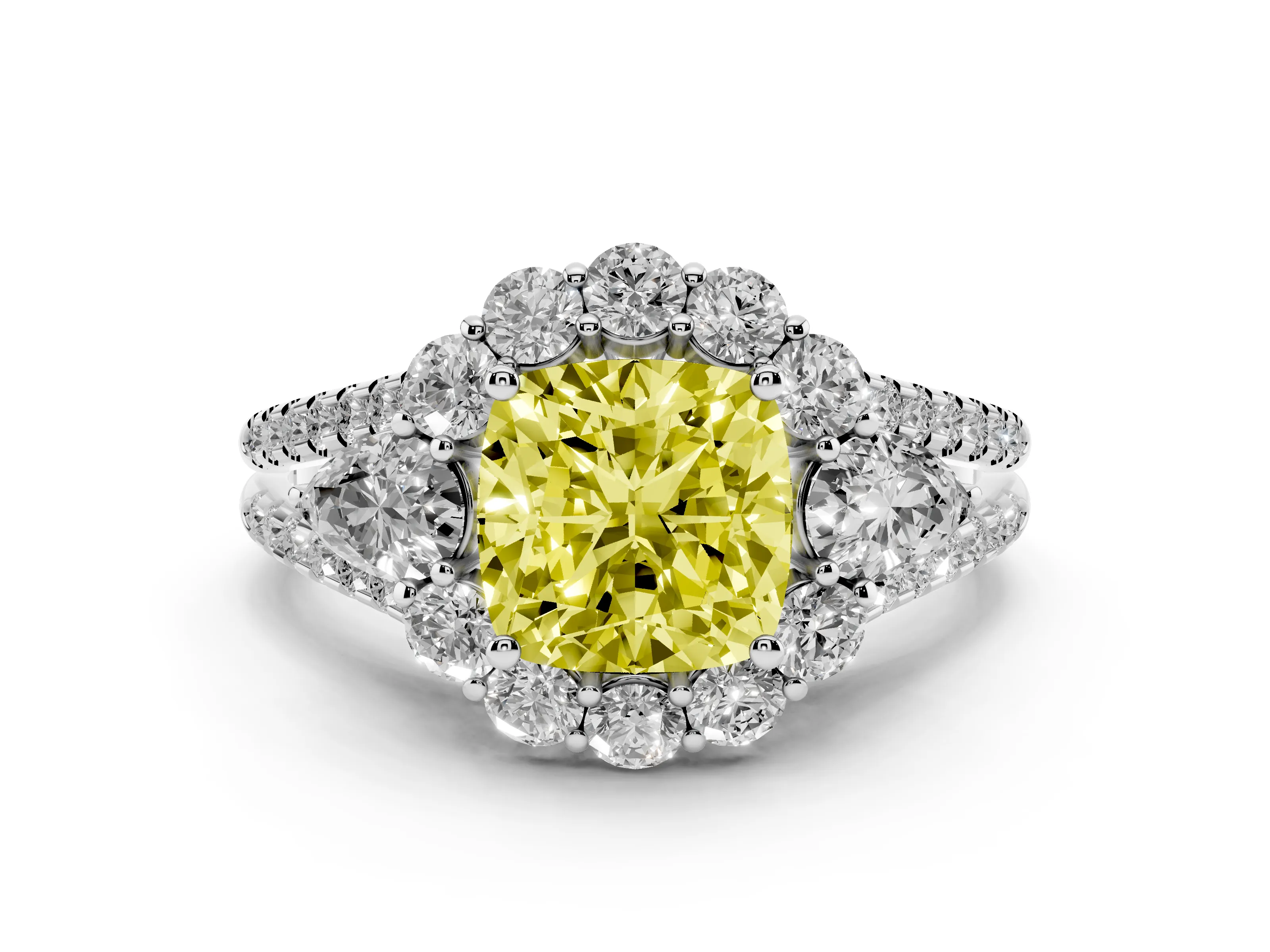 Fancy Yellow Cushion Cut Diamond Halo Split Shank Engagement Ring Set in White gold with Prong-Held Center Stone