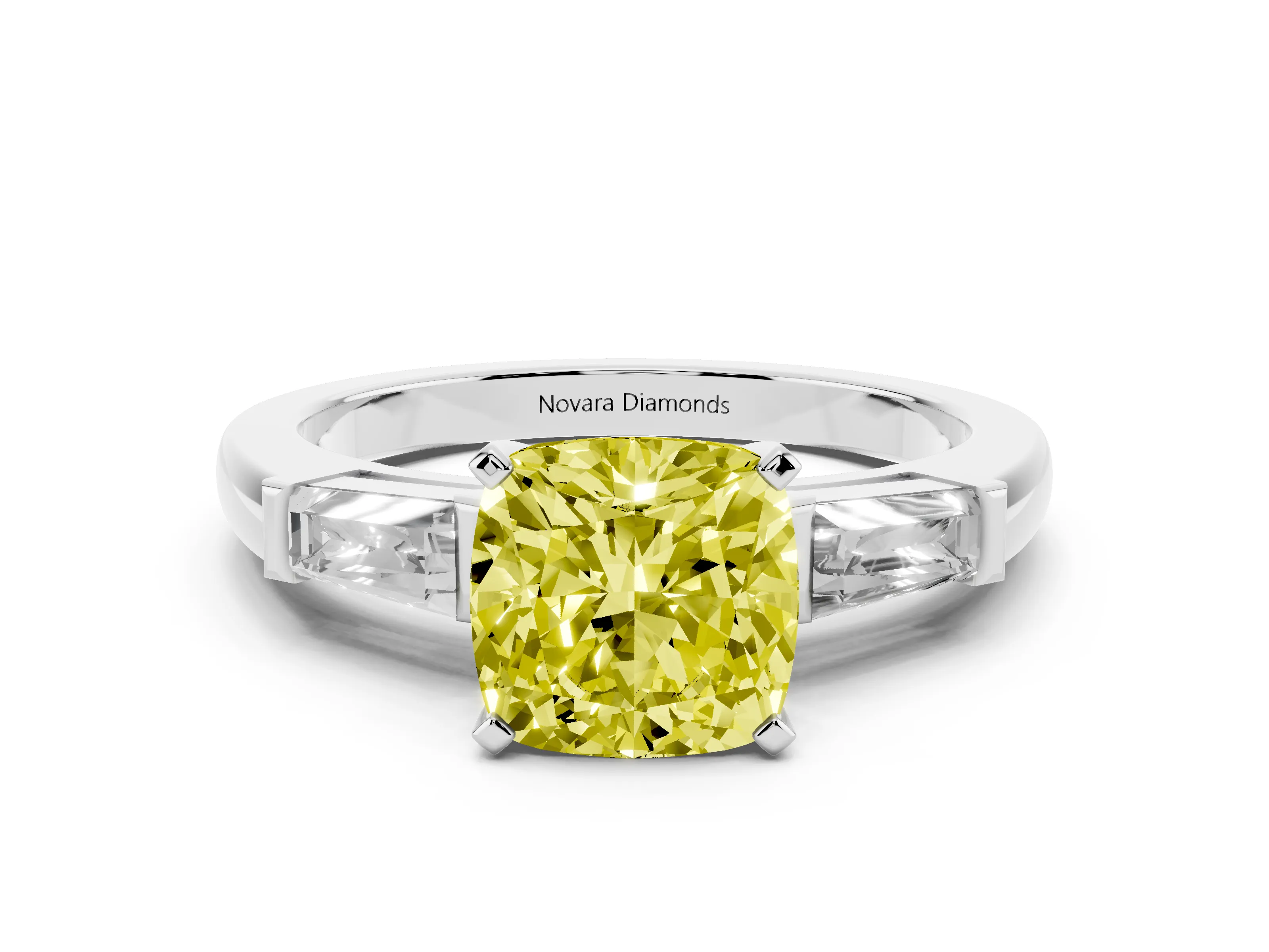 Fancy Yellow Cushion Cut Diamond Solitaire Ring Set in White gold with Tapered Baguette Side Stones and Prong Setting