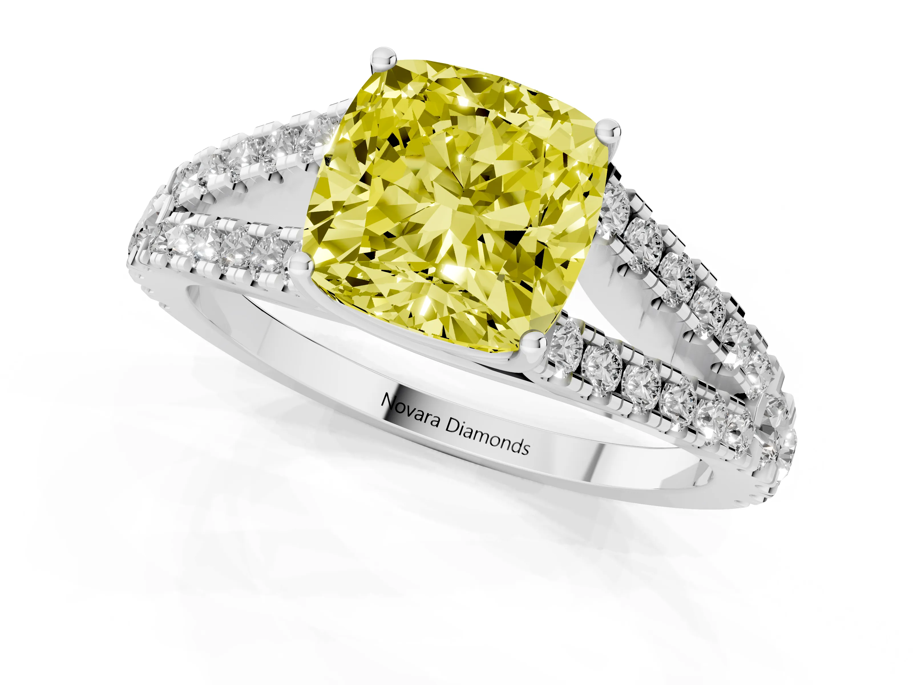 Fancy Yellow Cushion Cut Diamond Split Shank Pavé Engagement Ring Set in Platinum with Prong-Held Center Stone