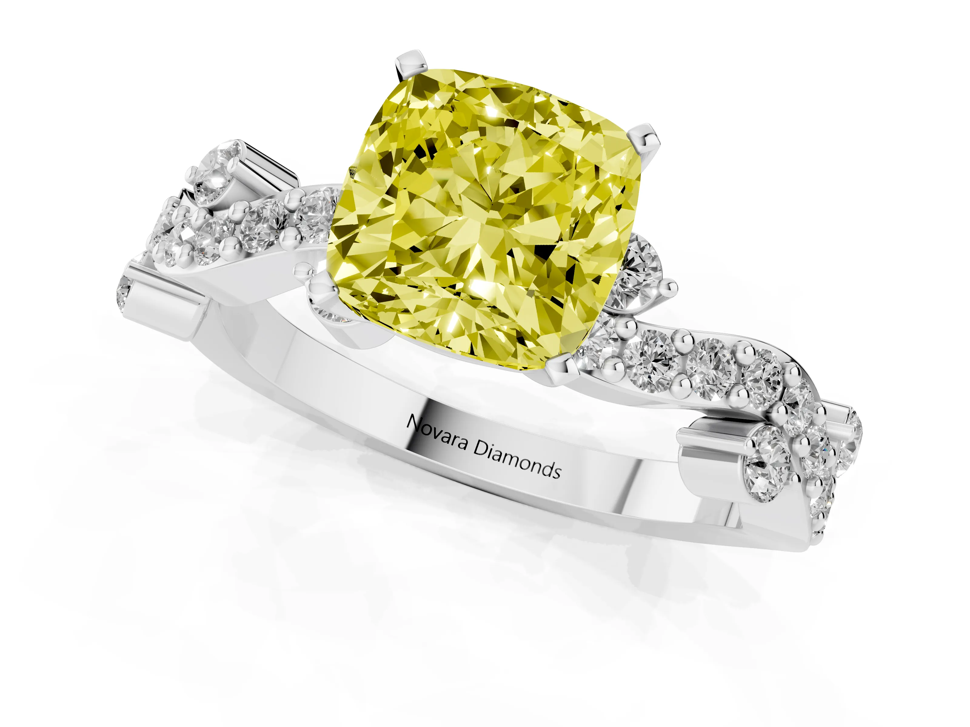 Fancy Yellow Cushion Cut Diamond Solitaire Twisted Band Set in White gold with Pavé Setting